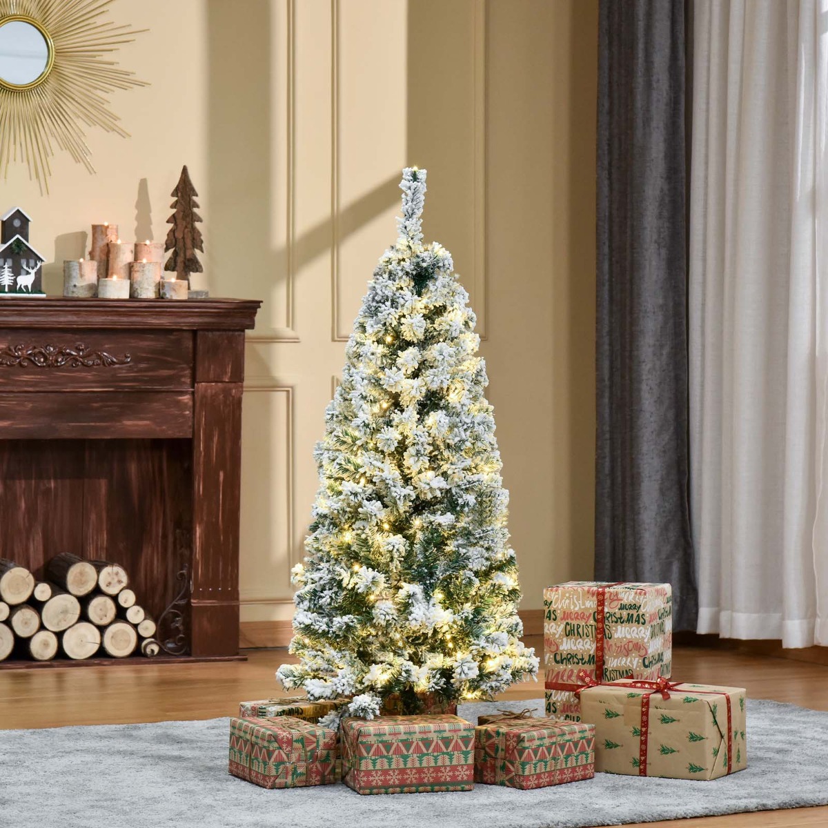 Ohs Pre-Lit Artificial Snow Flocked Christmas Tree With Warm Led Lights, Green/White - 4ft