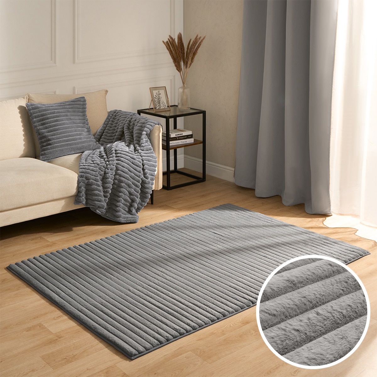 OHS Faux Fur Ribbed Rug, Grey – 120 x 170cm