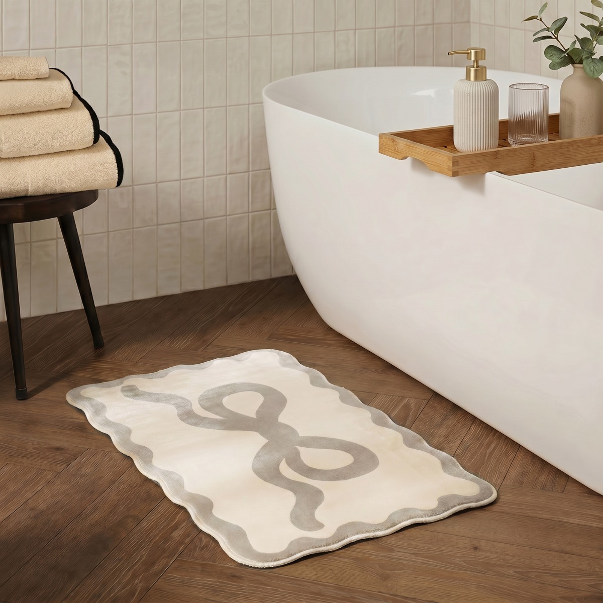 OHS Bow Print Velvet Bath Mat – Natural