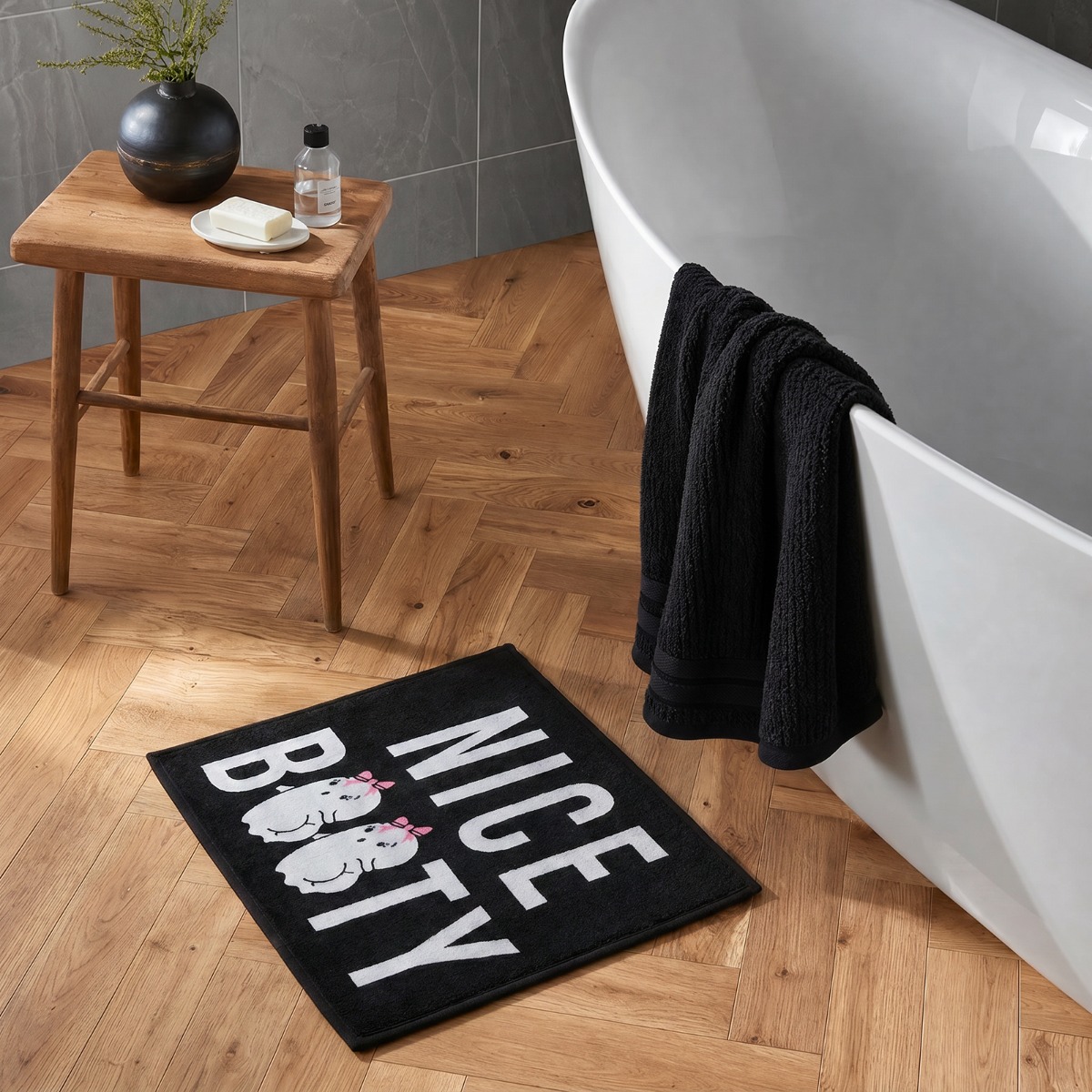 Ohs Nice Booty Slogan Halloween Bath Mat - Monochrome