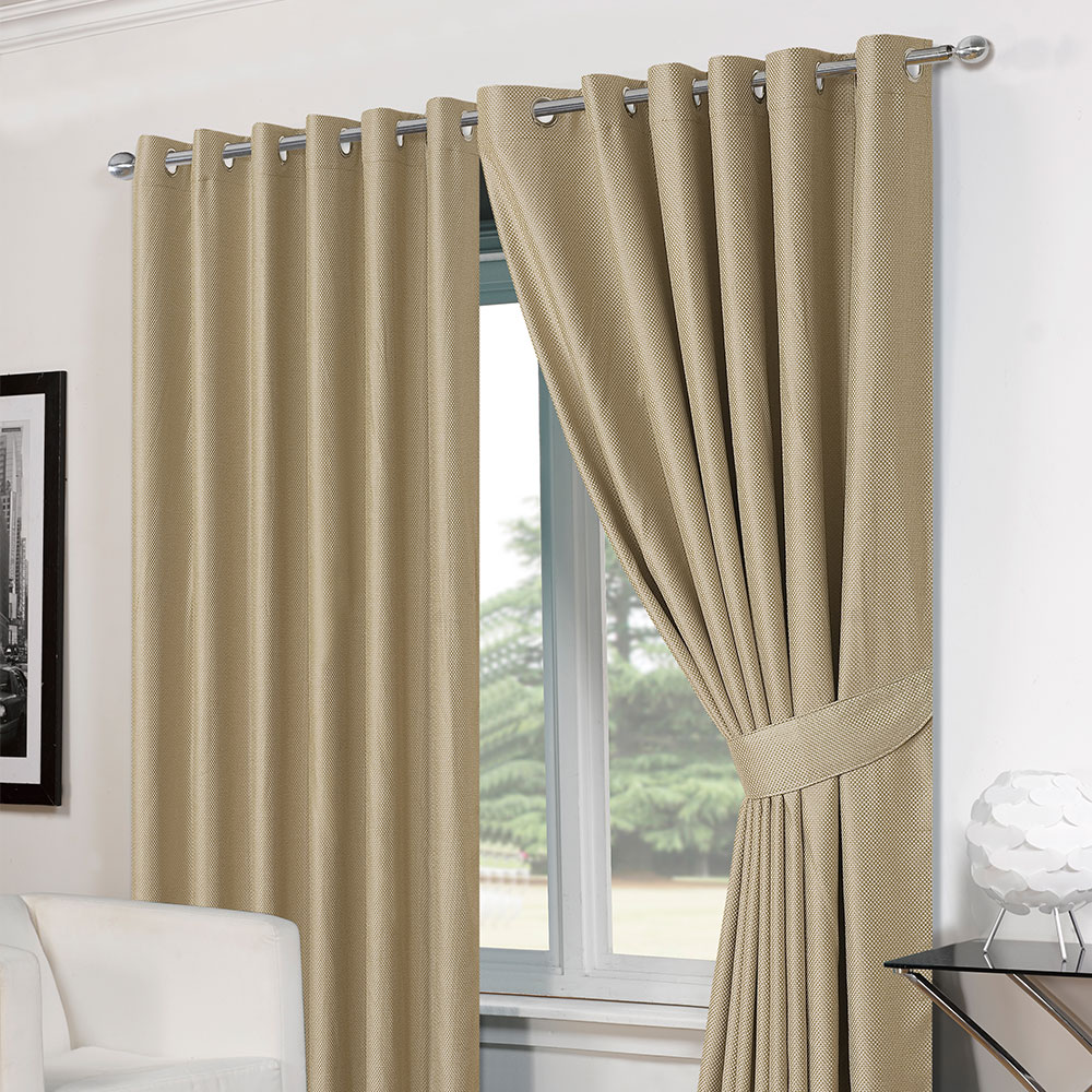 Luxury Basket Weave Lined Eyelet Curtains with Tiebacks – Beige 46×54″”