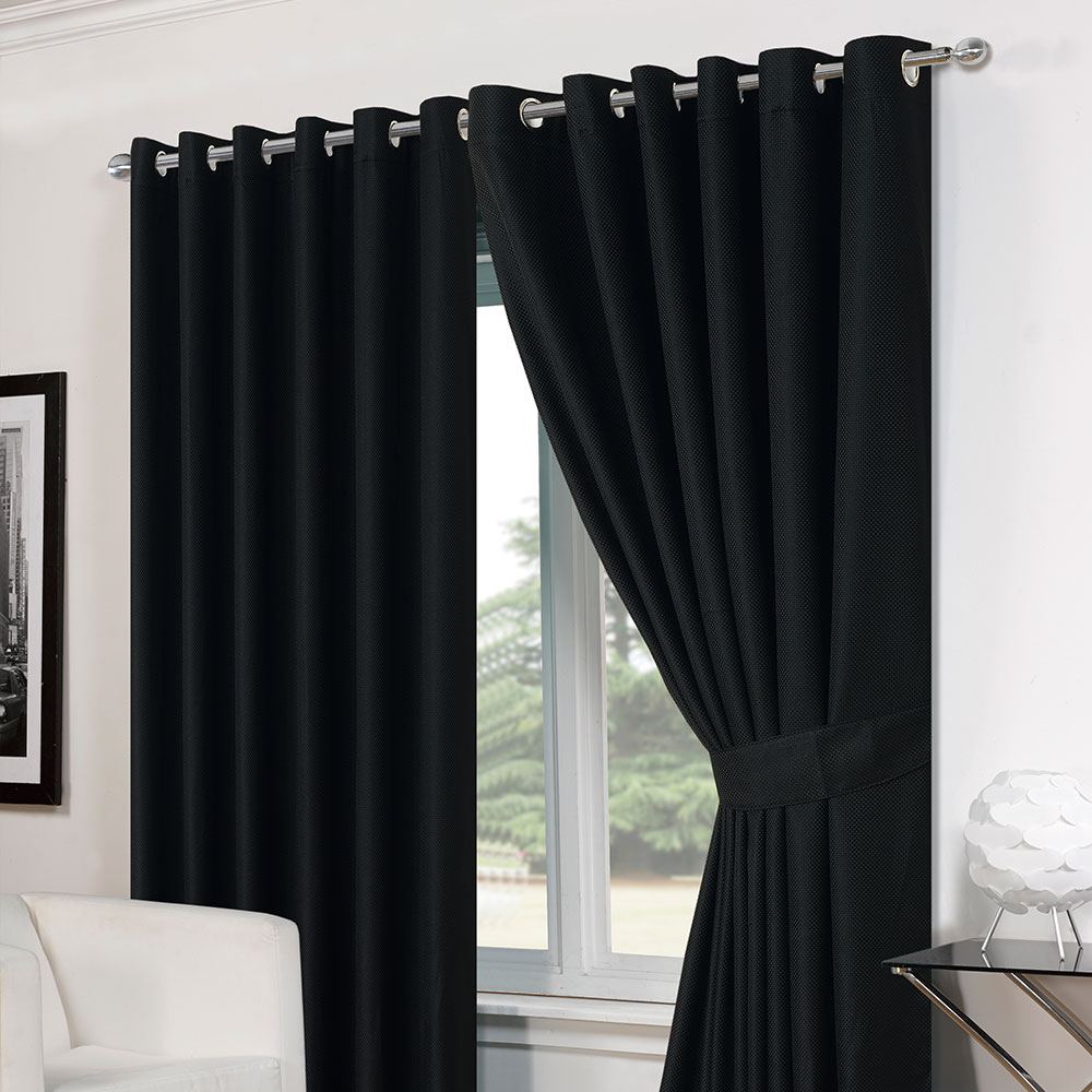 Basket Weave Eyelet Curtains with Tiebacks – Black 66×54″”