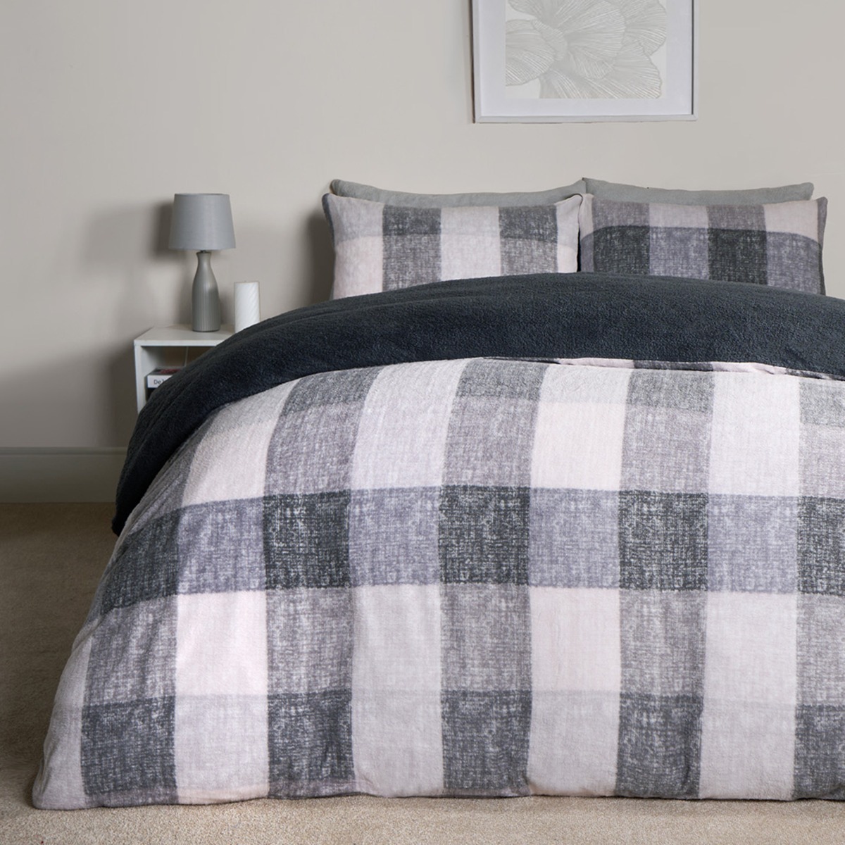 OHS Gingham Check Teddy Duvet Set, Grey – Double