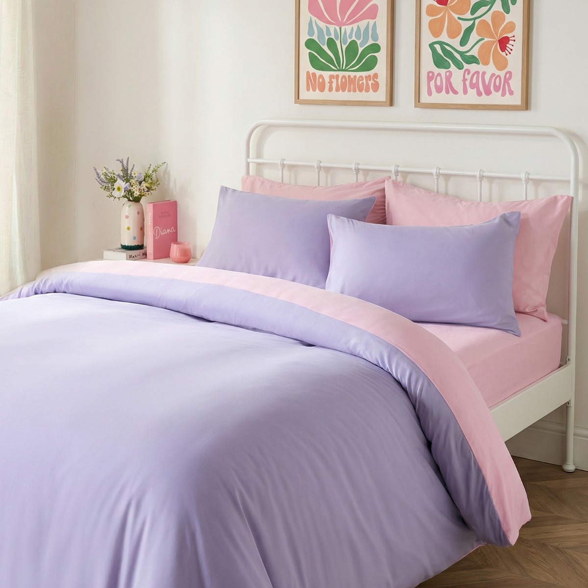 OHS Microfibre Reversible Duvet Set, Lilac/Pink – Single
