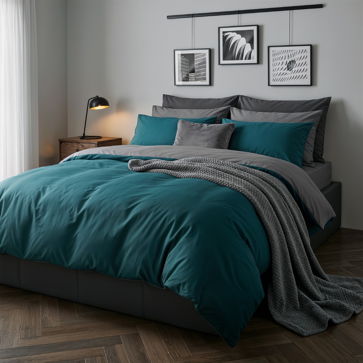 OHS Plain Reversible Duvet Cover With Pillowcase Set in Teal | Size: Double