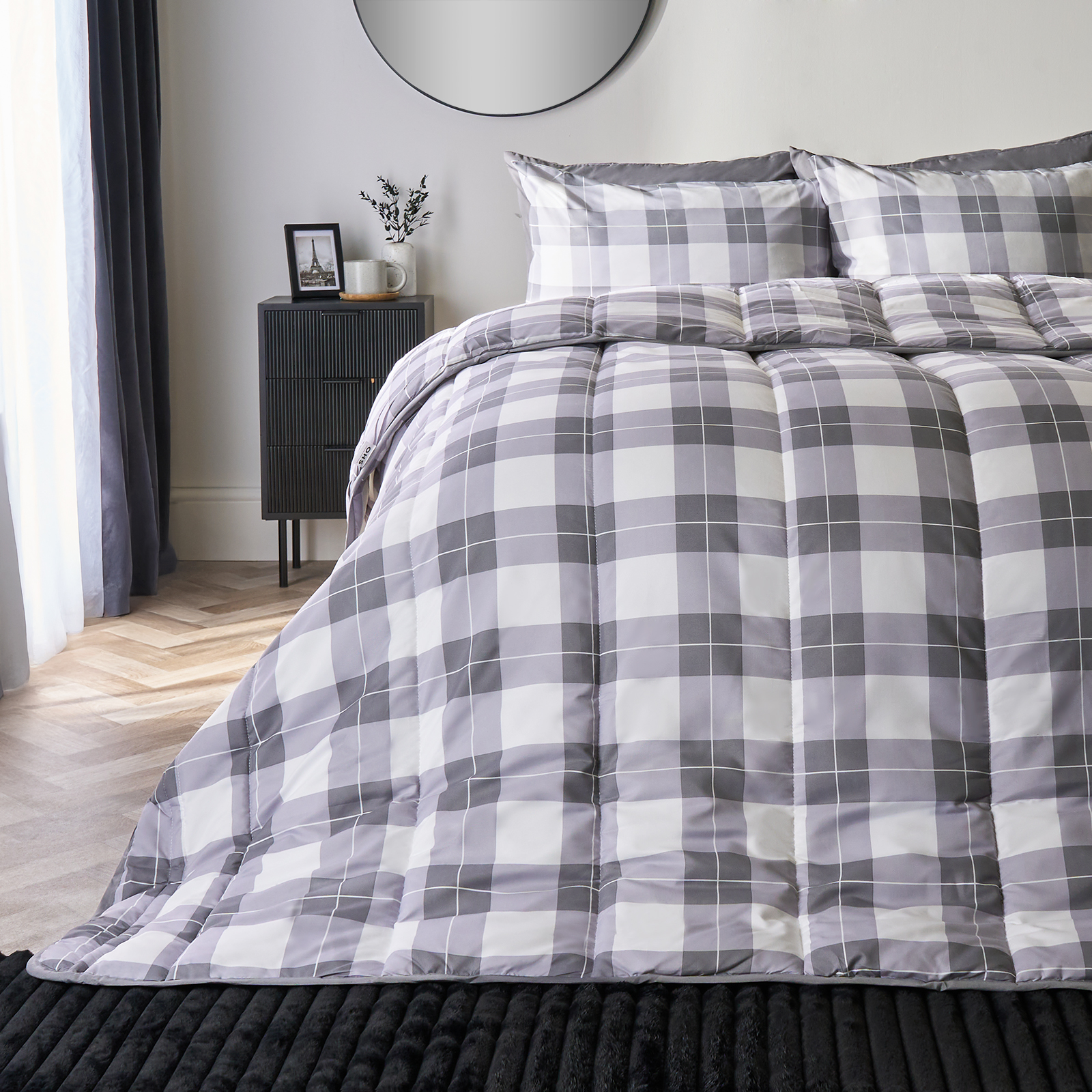 OHS Gingham Coverless 10.5 Tog Duvet & Pillowcases, Grey – Single