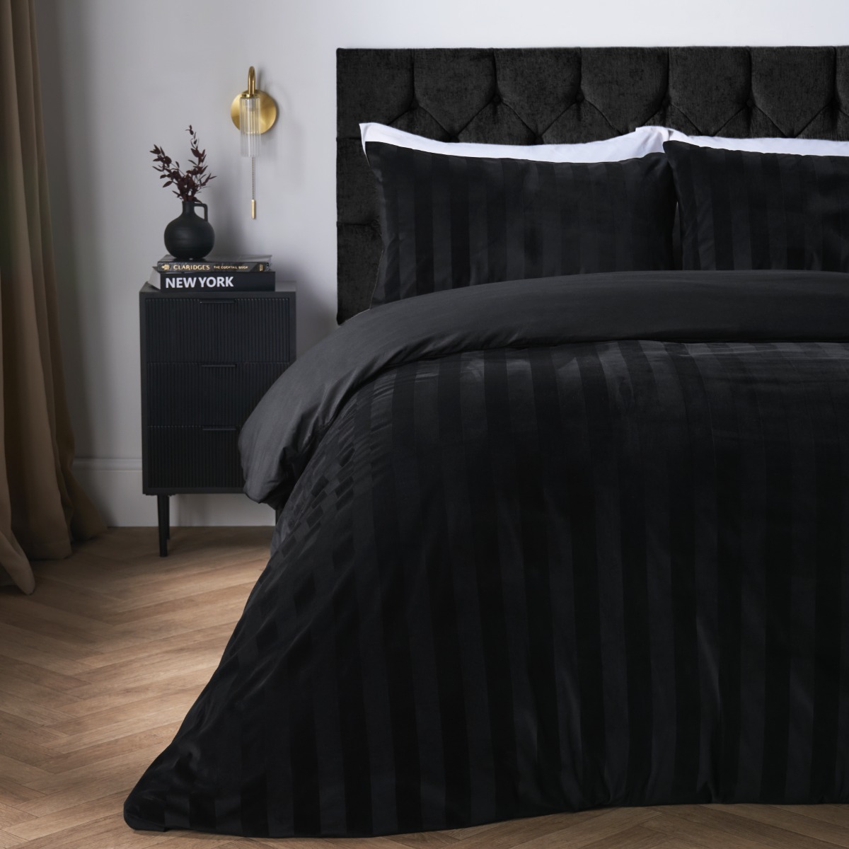 OHS Velvet Stripe Duvet Cover Set, Black – Double