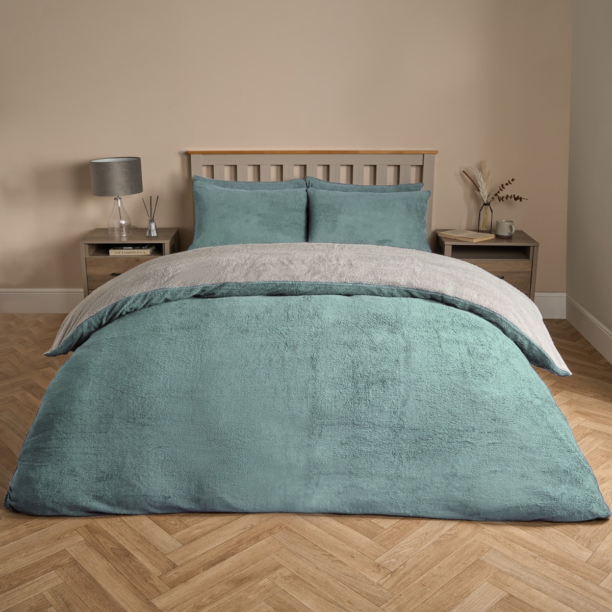 OHS Teddy Fleece Reversible Duvet Cover Set, Duck Egg/Grey – Superking