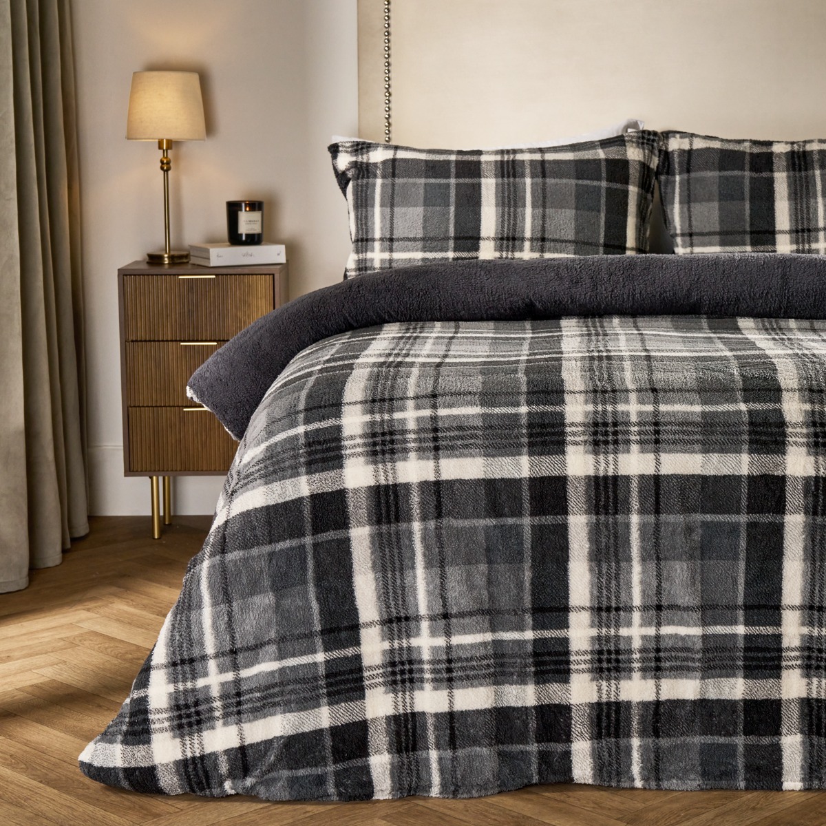 OHS Tartan Check Teddy Duvet Cover Set, Charcoal – Single