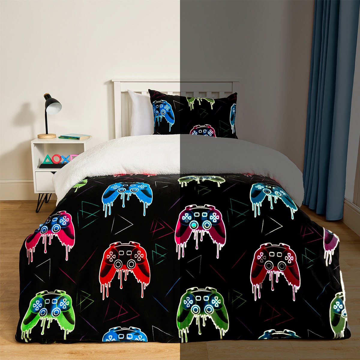 OHS Gaming Glow In The Dark Duvet Set, Black – Double