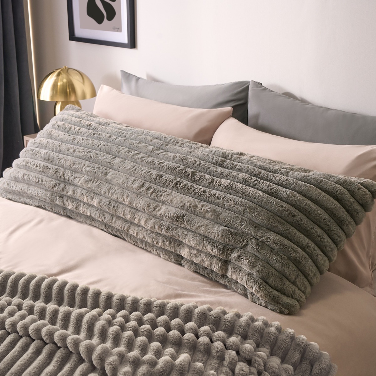 OHS Ribbed Faux Fur Bolster Pillow – Grey