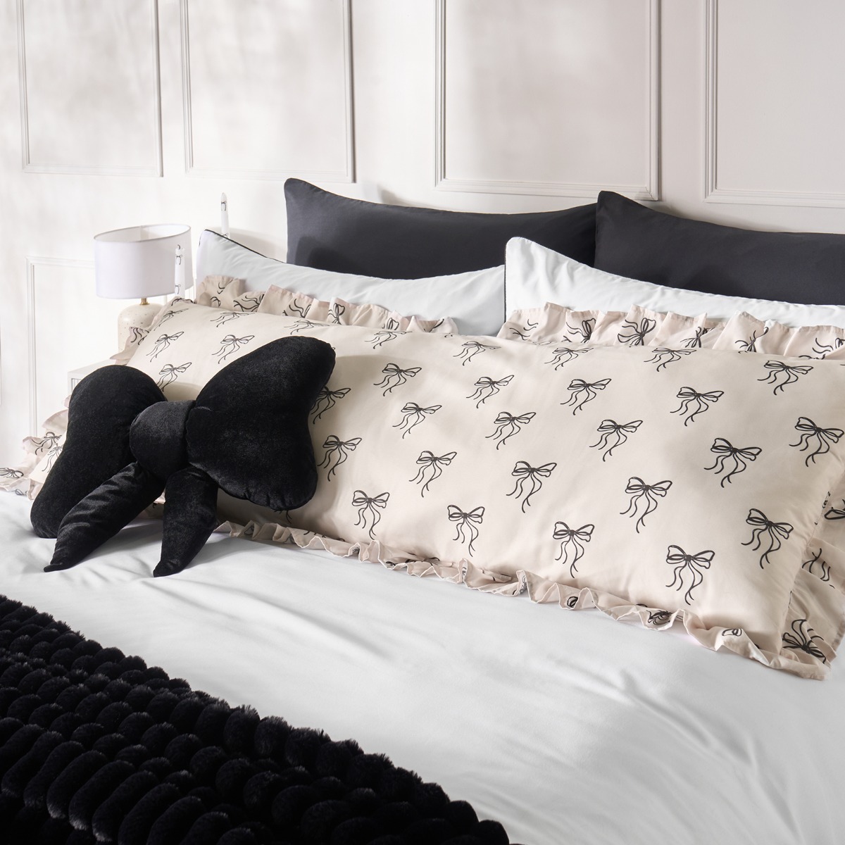 OHS Bow Print Frill Edge Bolster Pillow – Monochrome