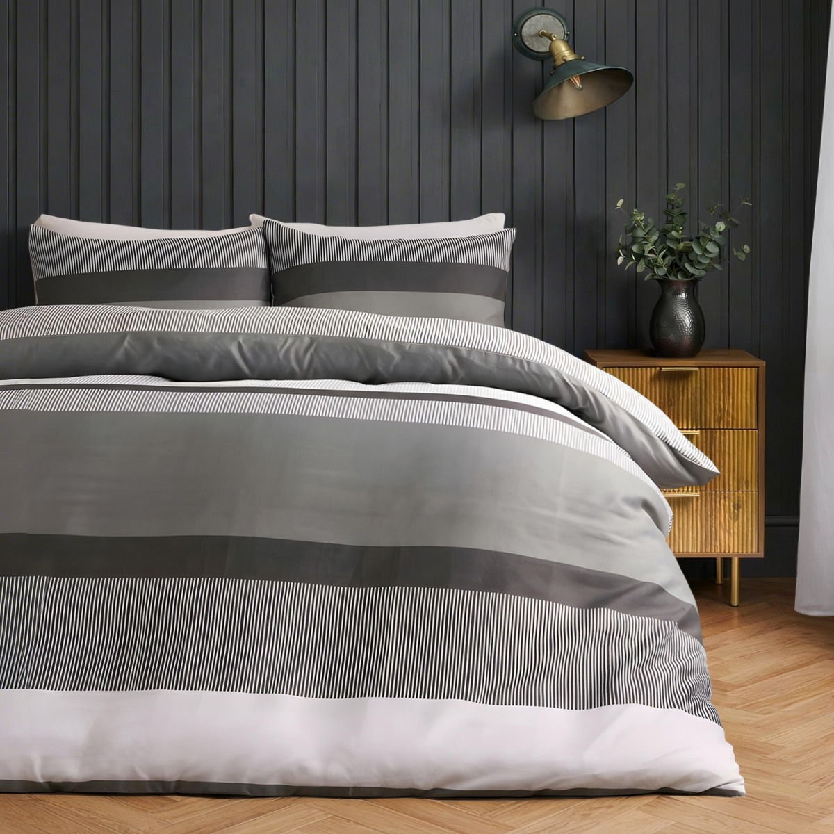 OHS Multi Stripe Bedding Set Microfibre Duvet Cover with Pillowcase in Grey | Size: Double