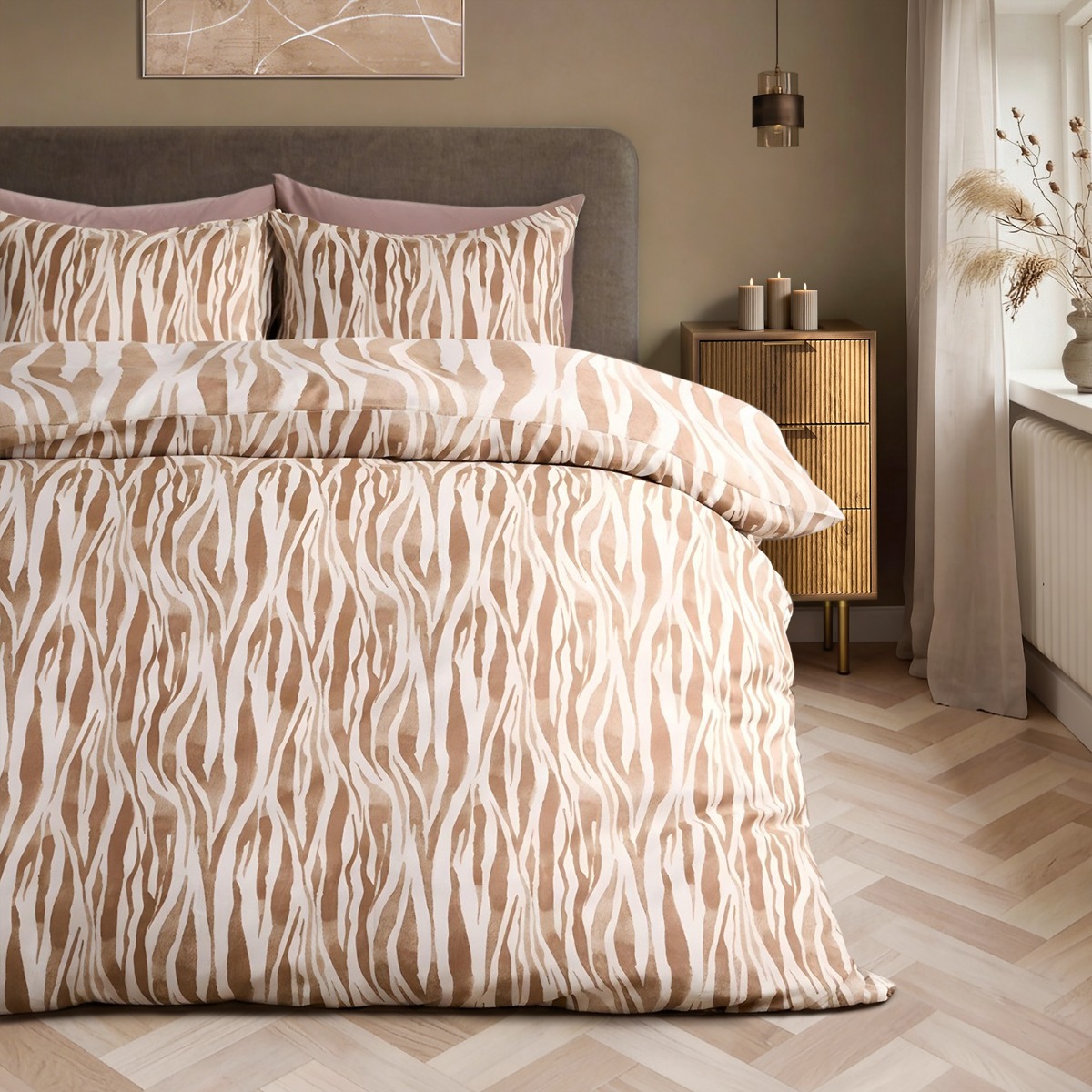 OHS Watercolour Zebra Print Duvet Set, Beige – King