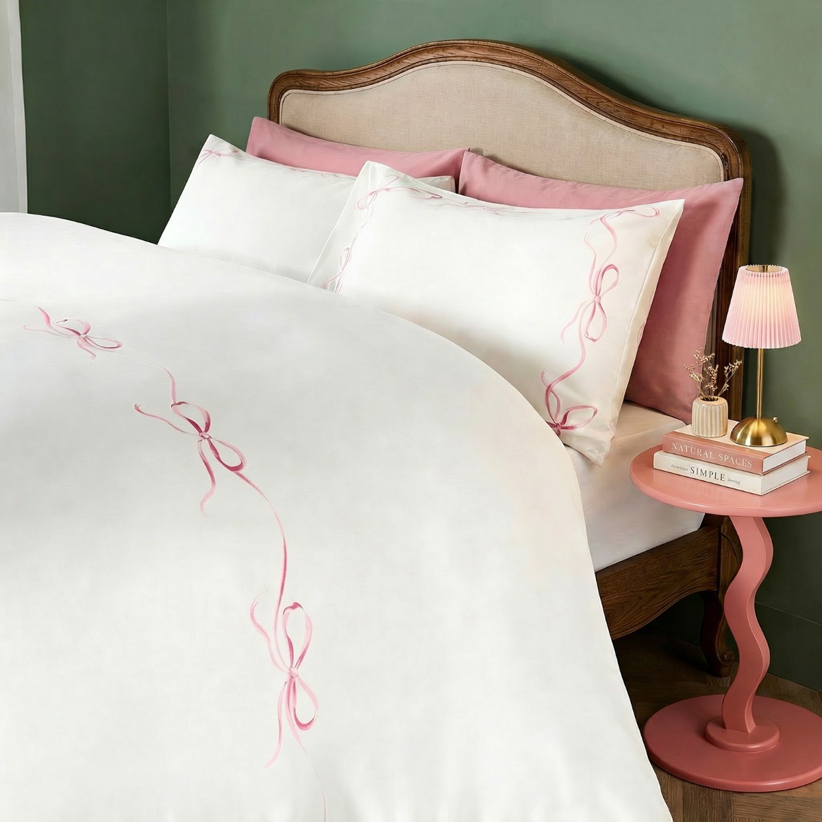 OHS Bow Border Bedding Set Microfibre Duvet Cover with Pillowcase in White | Size: King