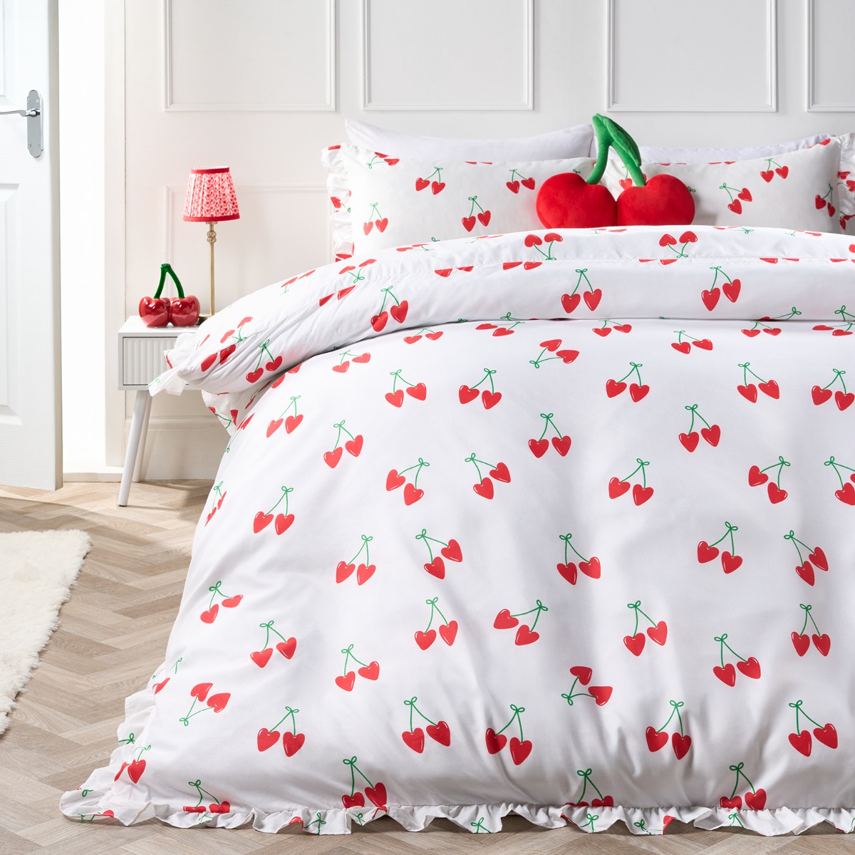OHS Cherry Print Frill Edge Duvet Set, White/Red – Double