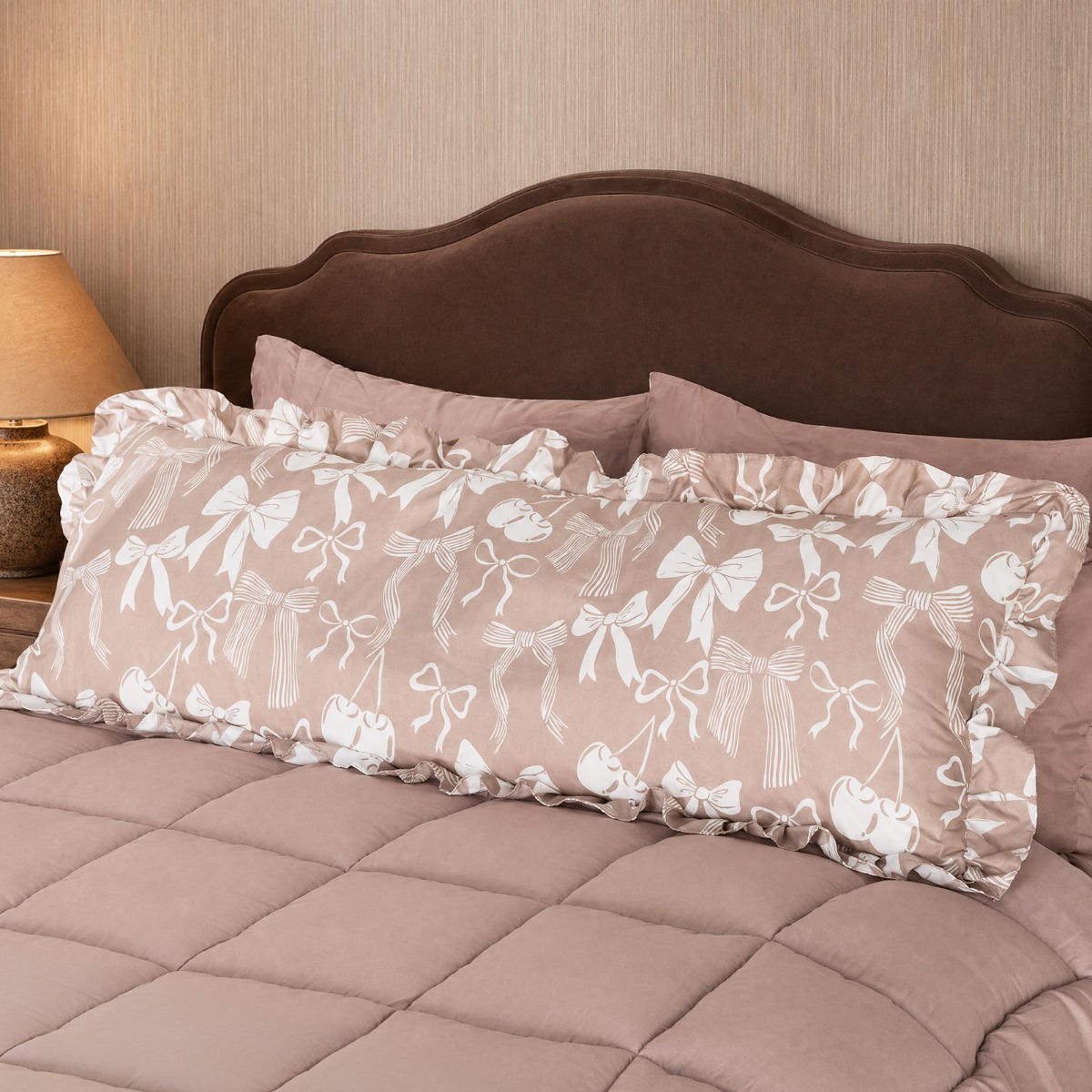 Ohs Bow Print Frill Edge Bolster Pillow - Natural