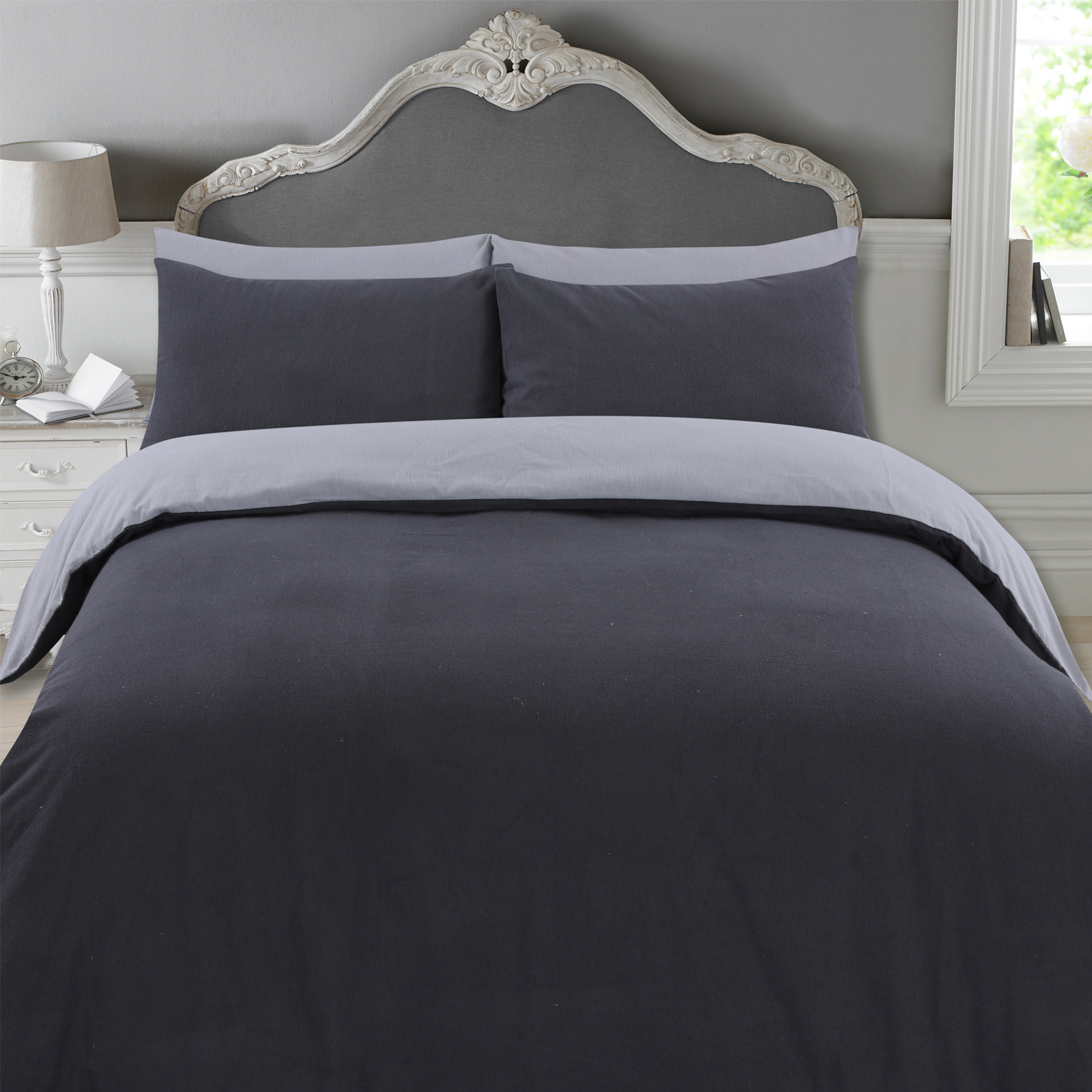 OHS 100% Brushed Cotton Reversible Complete Duvet Cover Set, Charcoal & Grey – Super King