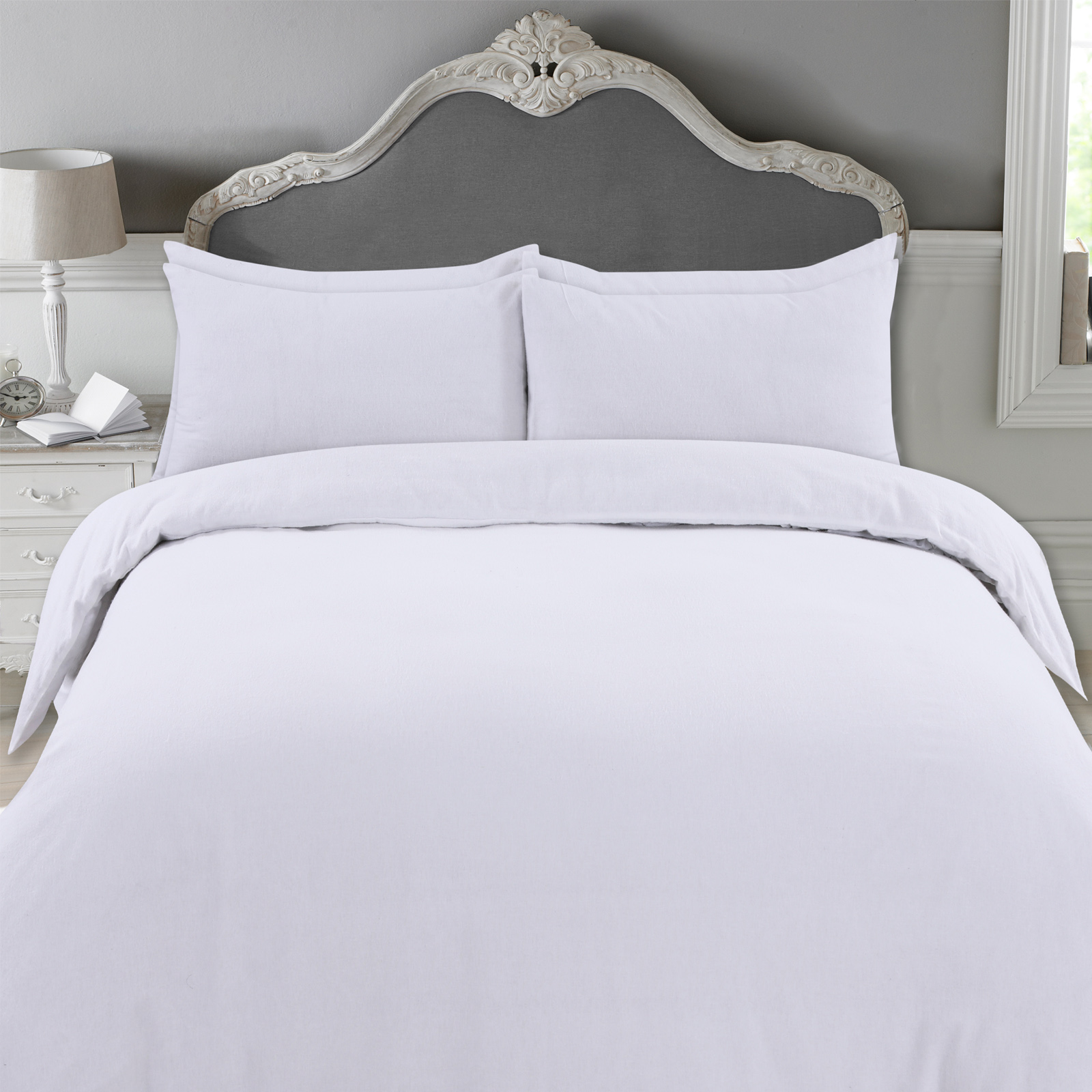 OHS 100% Brushed Cotton Complete Duvet Cover Set, White – Super King