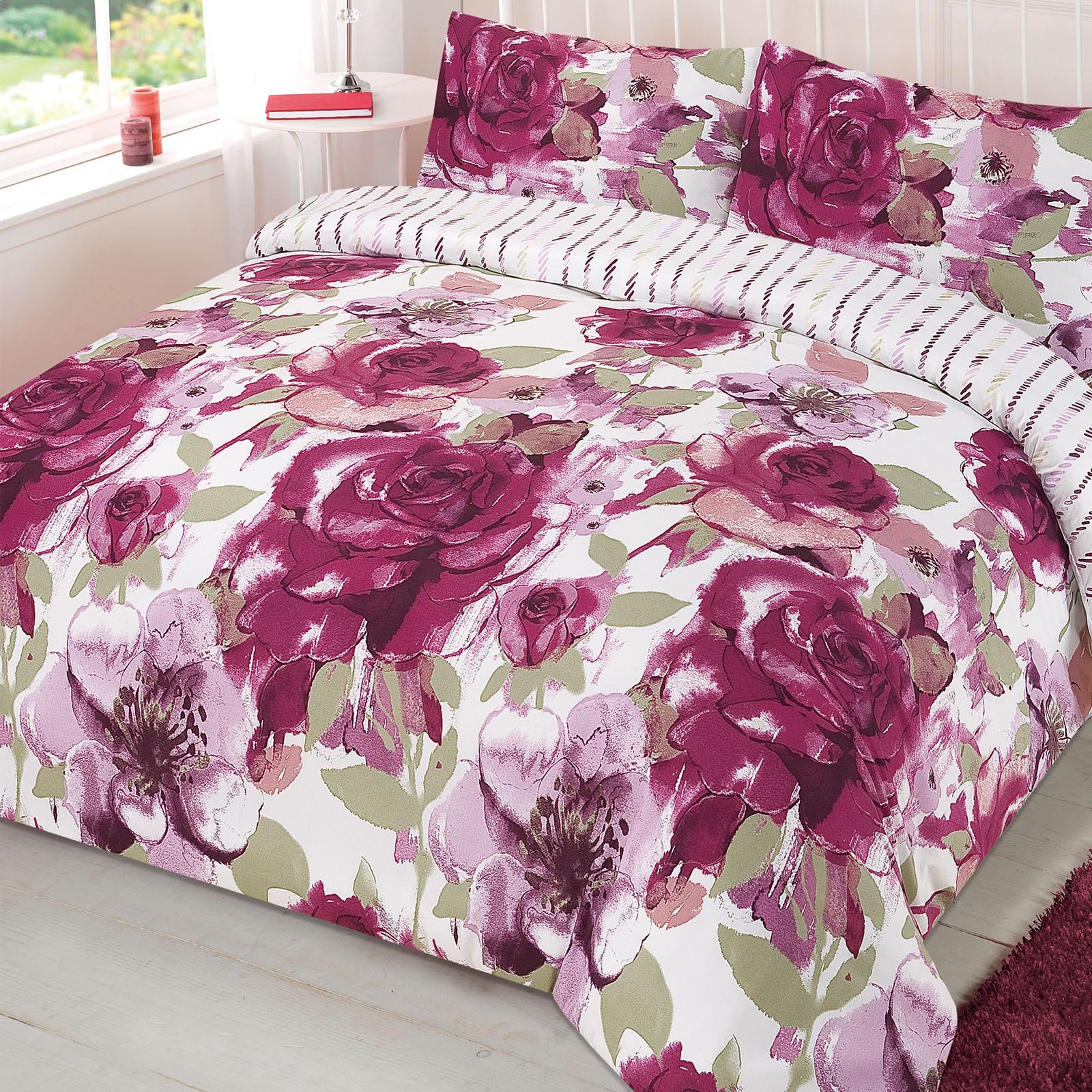 Floral Reversible Quilt Cover Pillowcase Bedding Set Cammi Purple White – Double