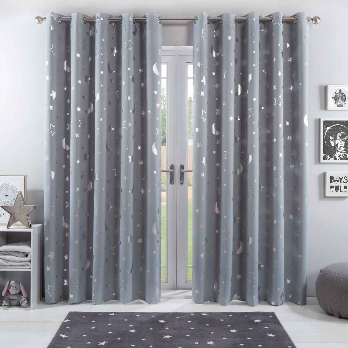 OHS Star Kids Eyelet Blackout Curtains, Silver Grey – 117 x 182cm (46 x 72″)”