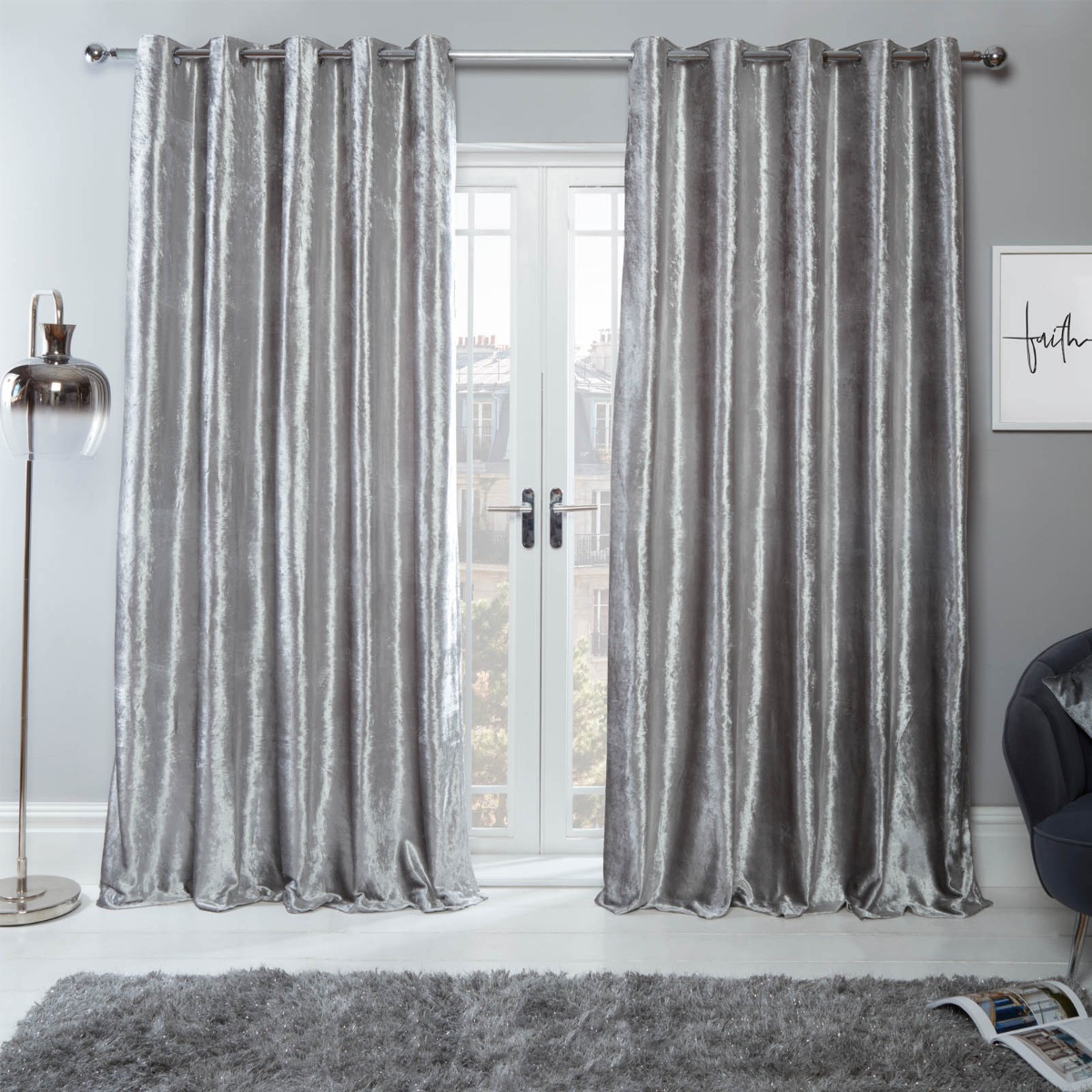 Ohs Crushed Velvet Eyelet Curtains - Silver 66 X 54""
