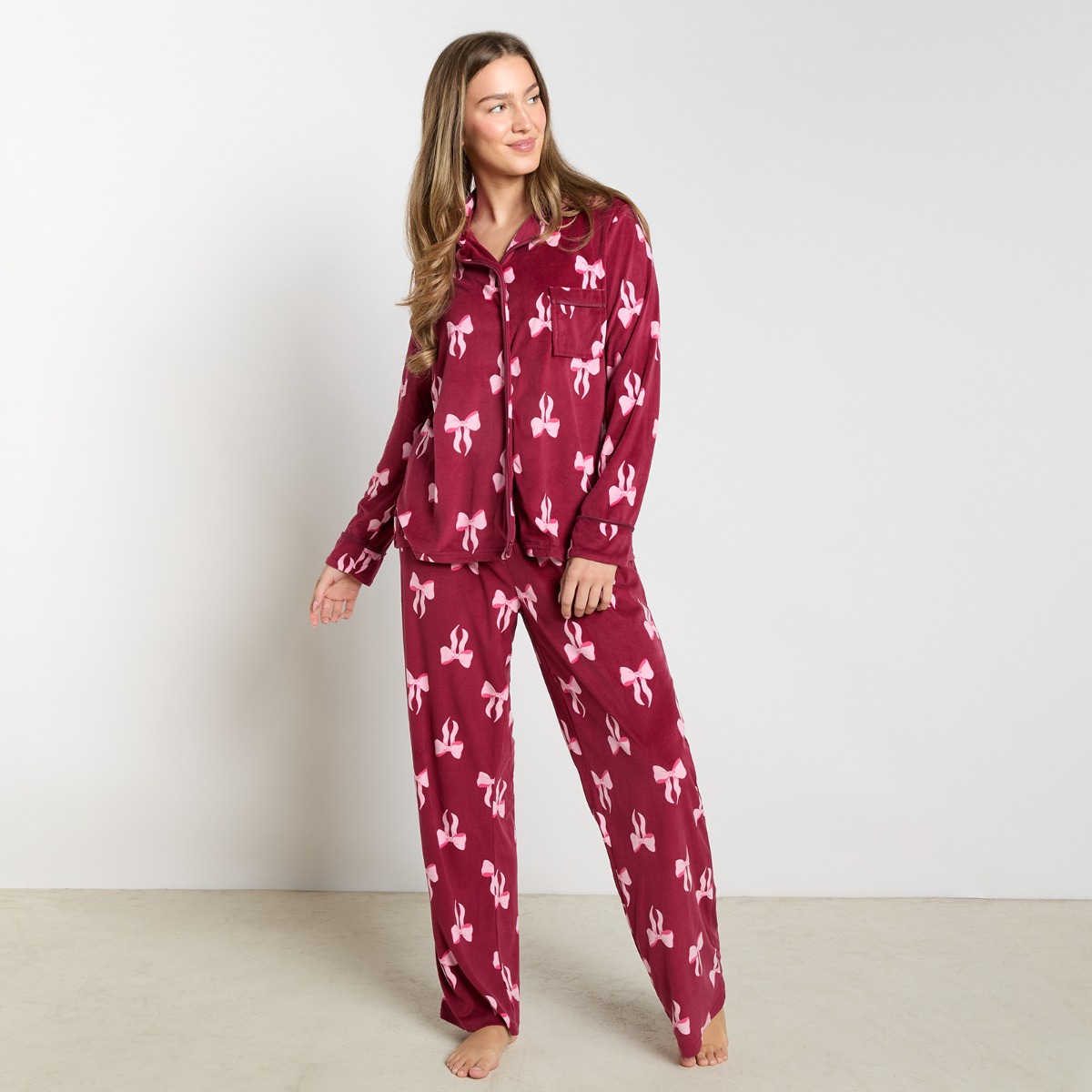 OHS Pink Bow Button Through Pyjama Set, Burgundy – Small/Medium