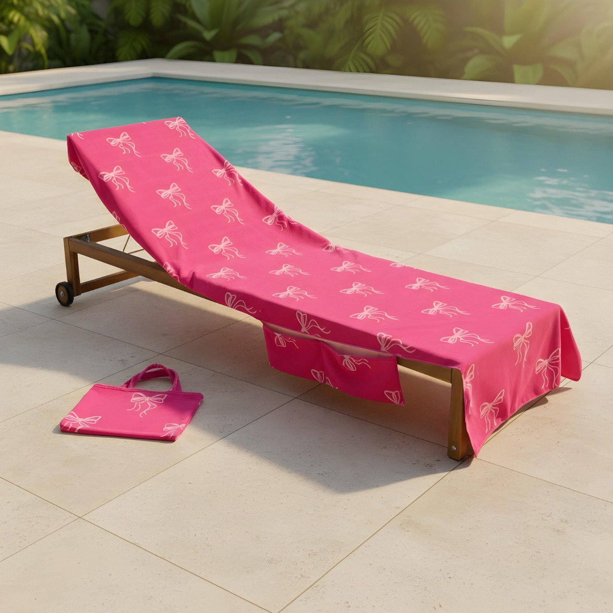 OHS Bow Print Beach Towel in a Bag – Pink