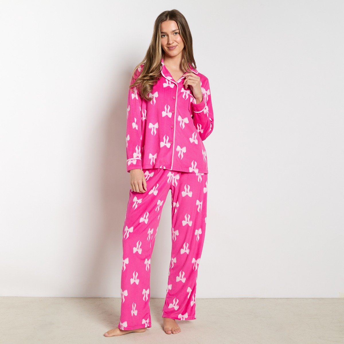 OHS Bow Print Button Through Pyjama Set, Hot Pink – Small/Medium