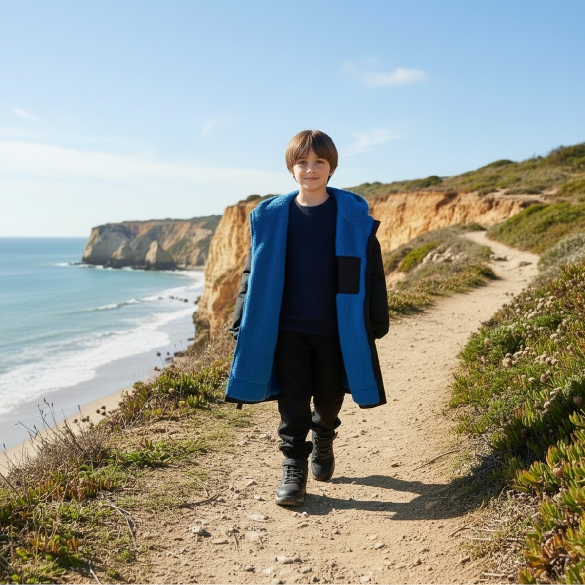 OHS Kids Water Resistant Sherpa Drying Robe, Black/Blue – Large/Extra Large