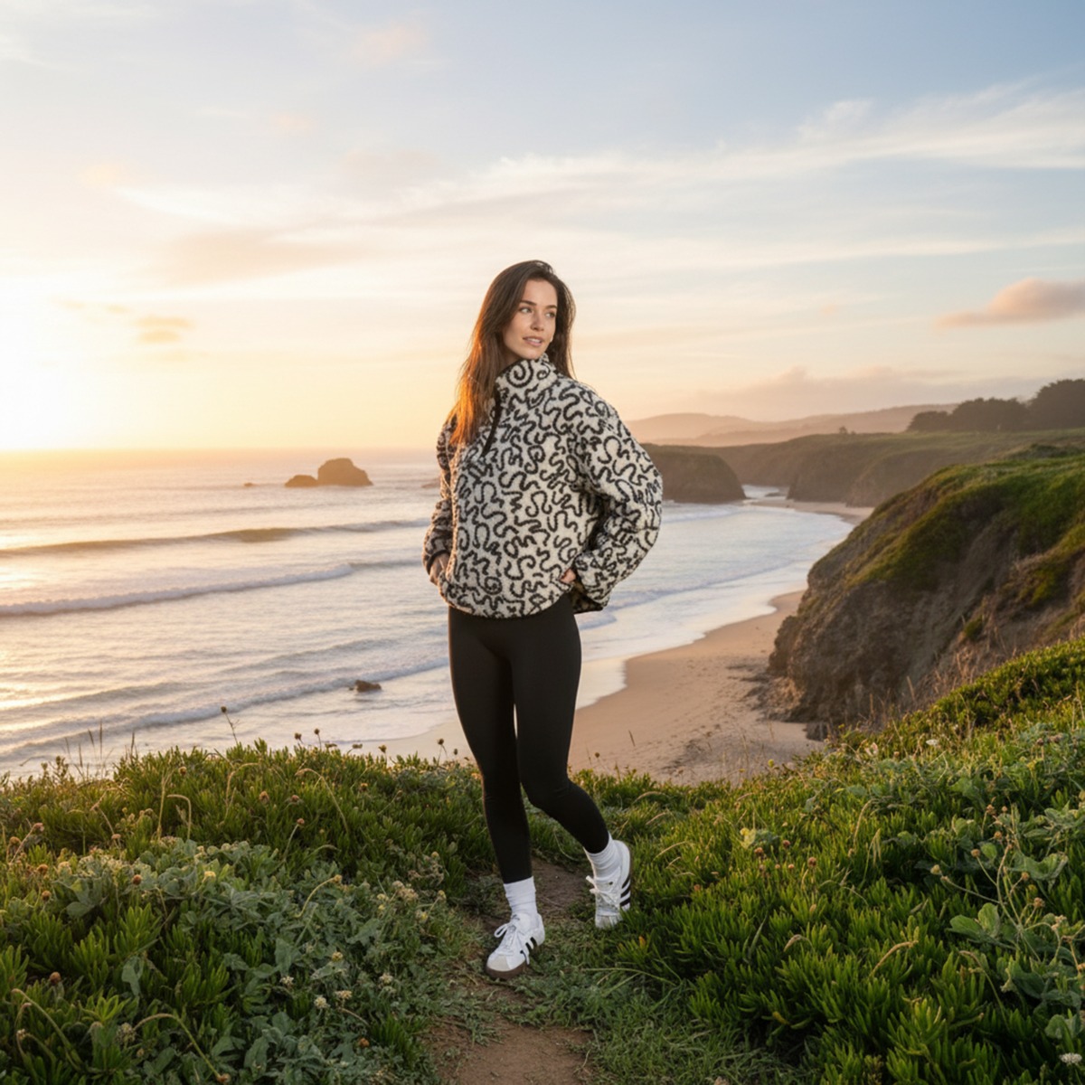 OHS Teddy Squiggle Print Half Zip Fleece, Monochrome – Small/Medium