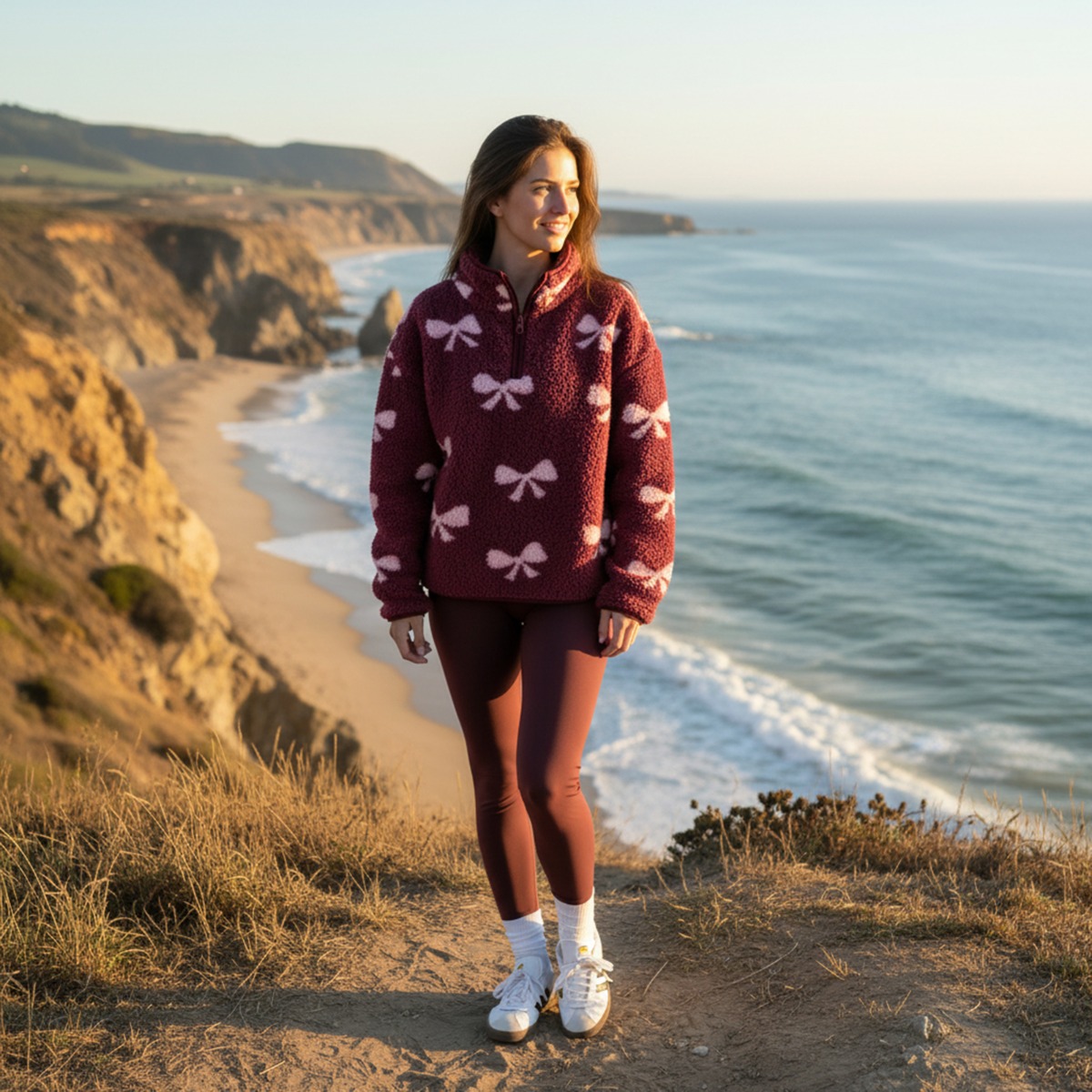 OHS Teddy Bow Print Half Zip Fleece, Burgundy – Large/Extra Large