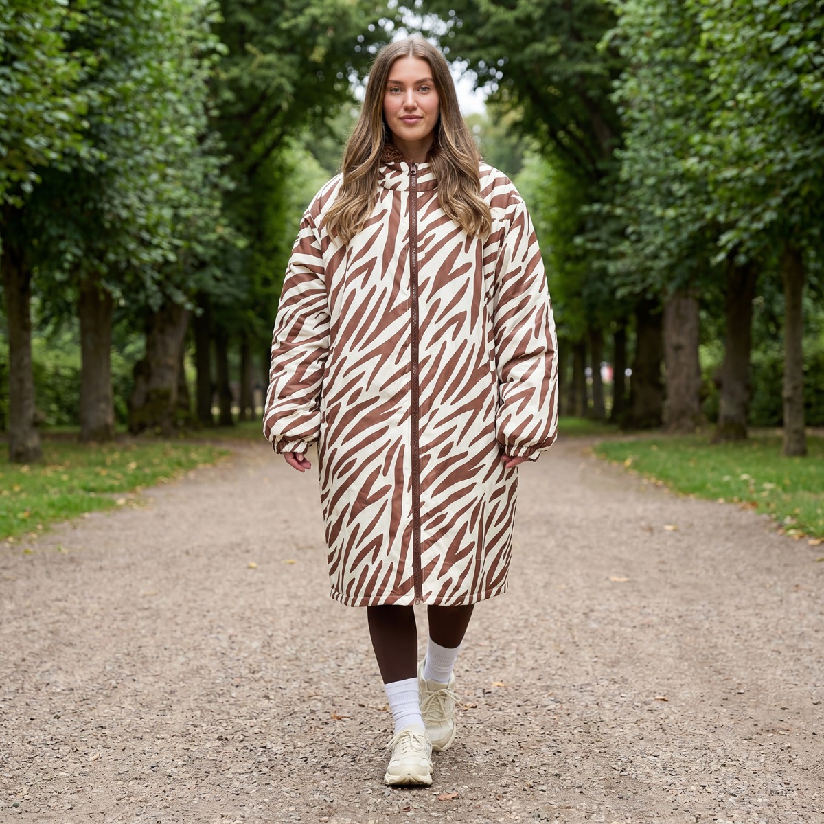 OHS Zebra Print Sherpa Lined Water Resistant Drying Changing Robe in Brown | Size: S/M