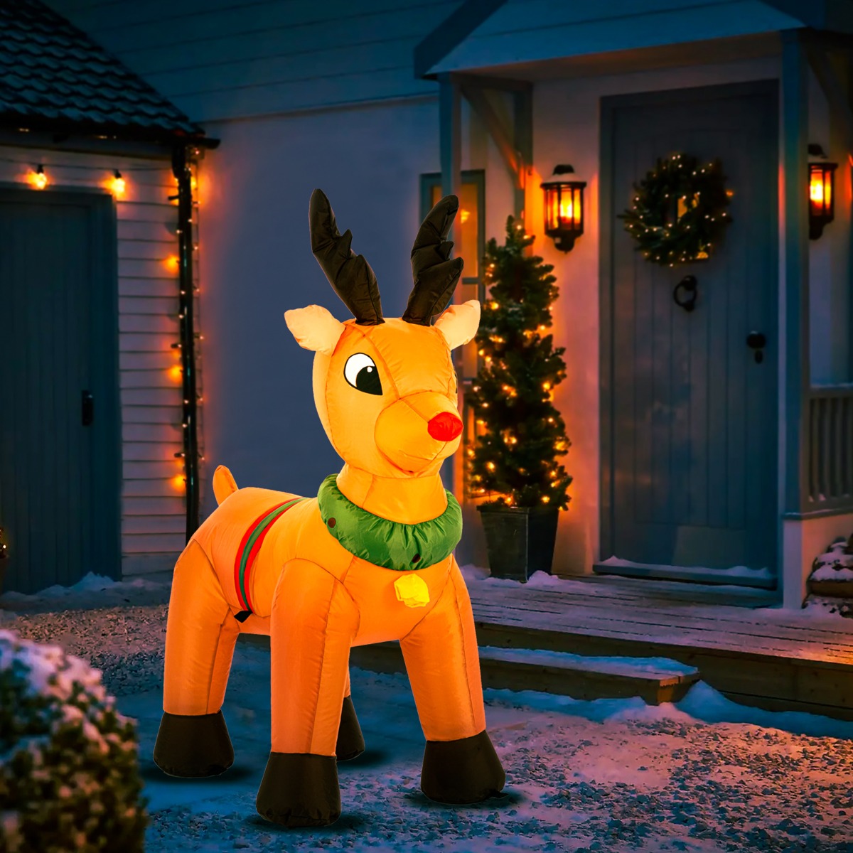 OHS Indoor/Outdoor Self-Inflating Reindeer Light-Up Porch Decoration – Brown