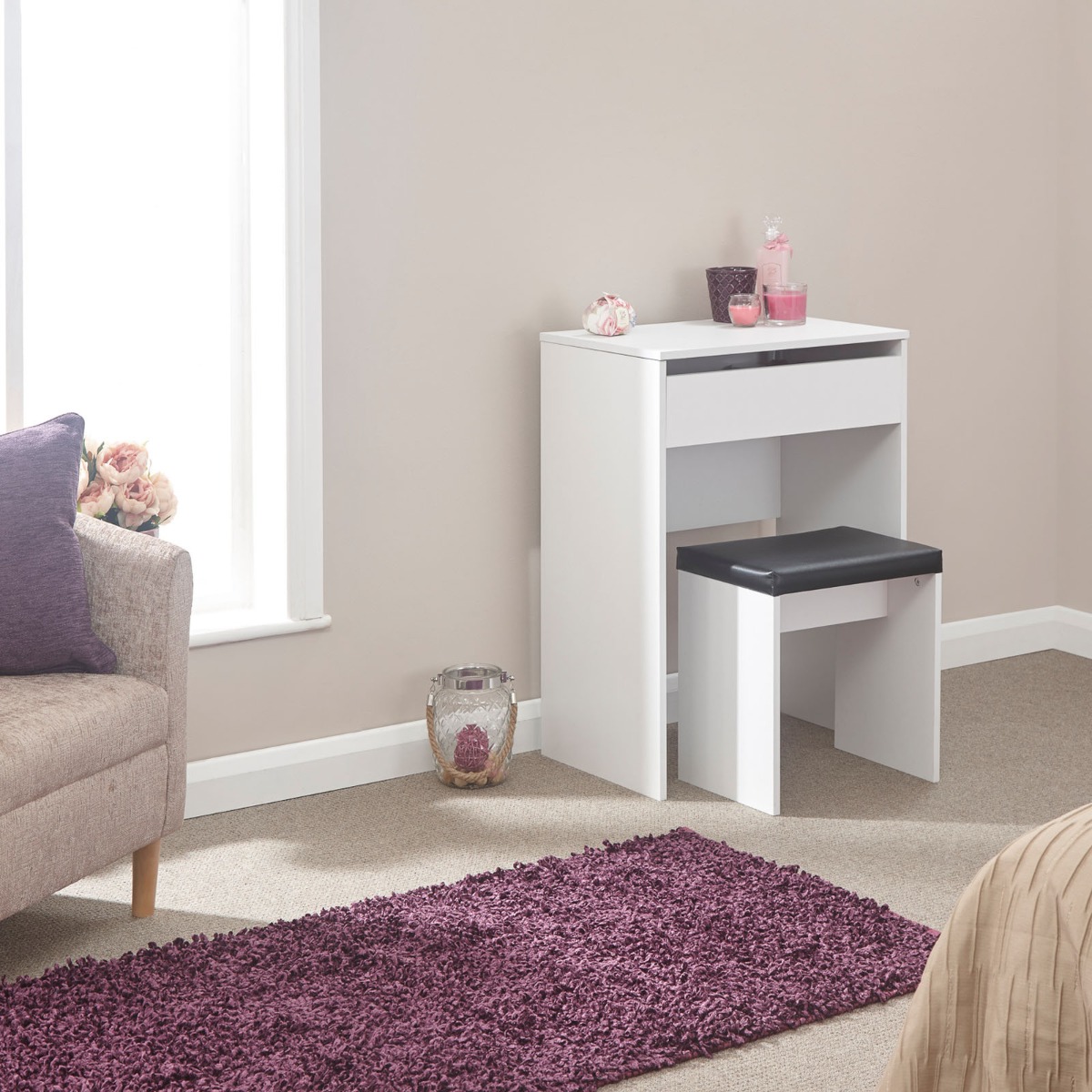 Compact Dressing Table with Stool – White