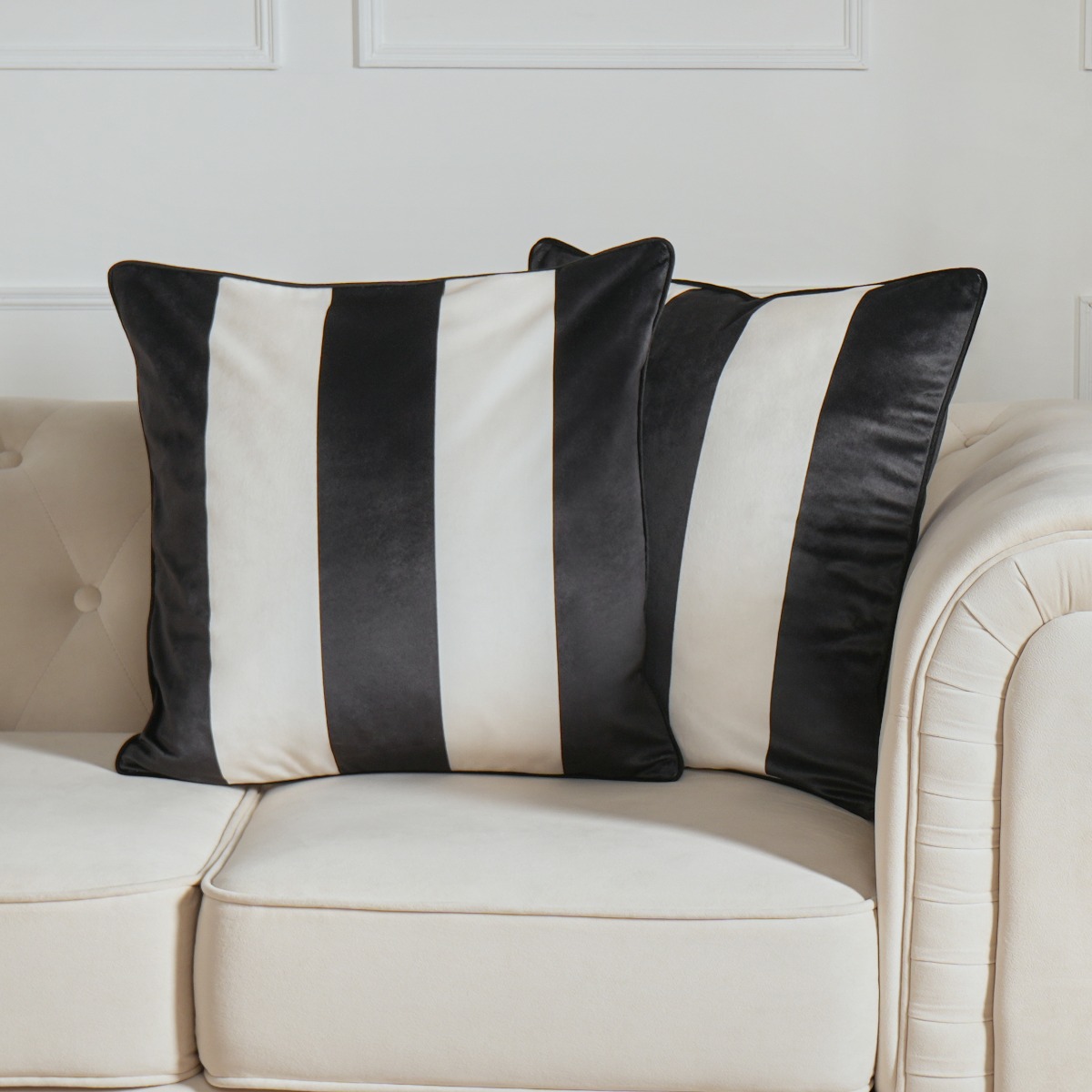OHS Matte Velvet Stripe Print Cushion Covers, Mono – 45 x 45cm