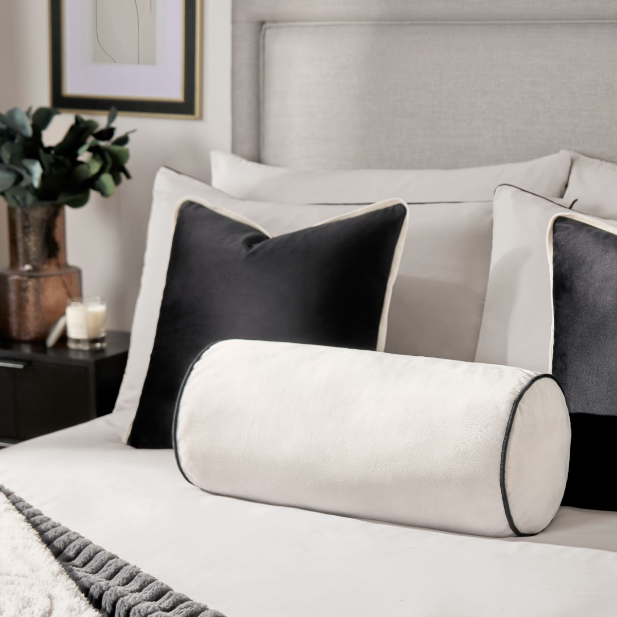 OHS Matte Velvet Bolster Cushion – Cream/Black
