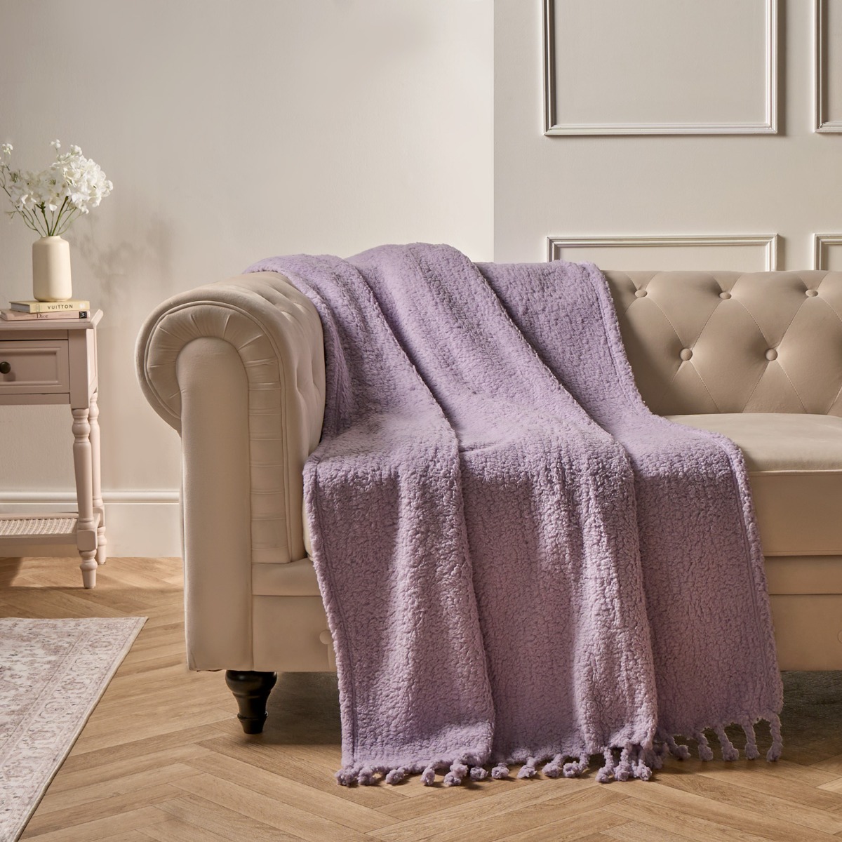OHS Tassel Sherpa Fleece Throw – Lilac