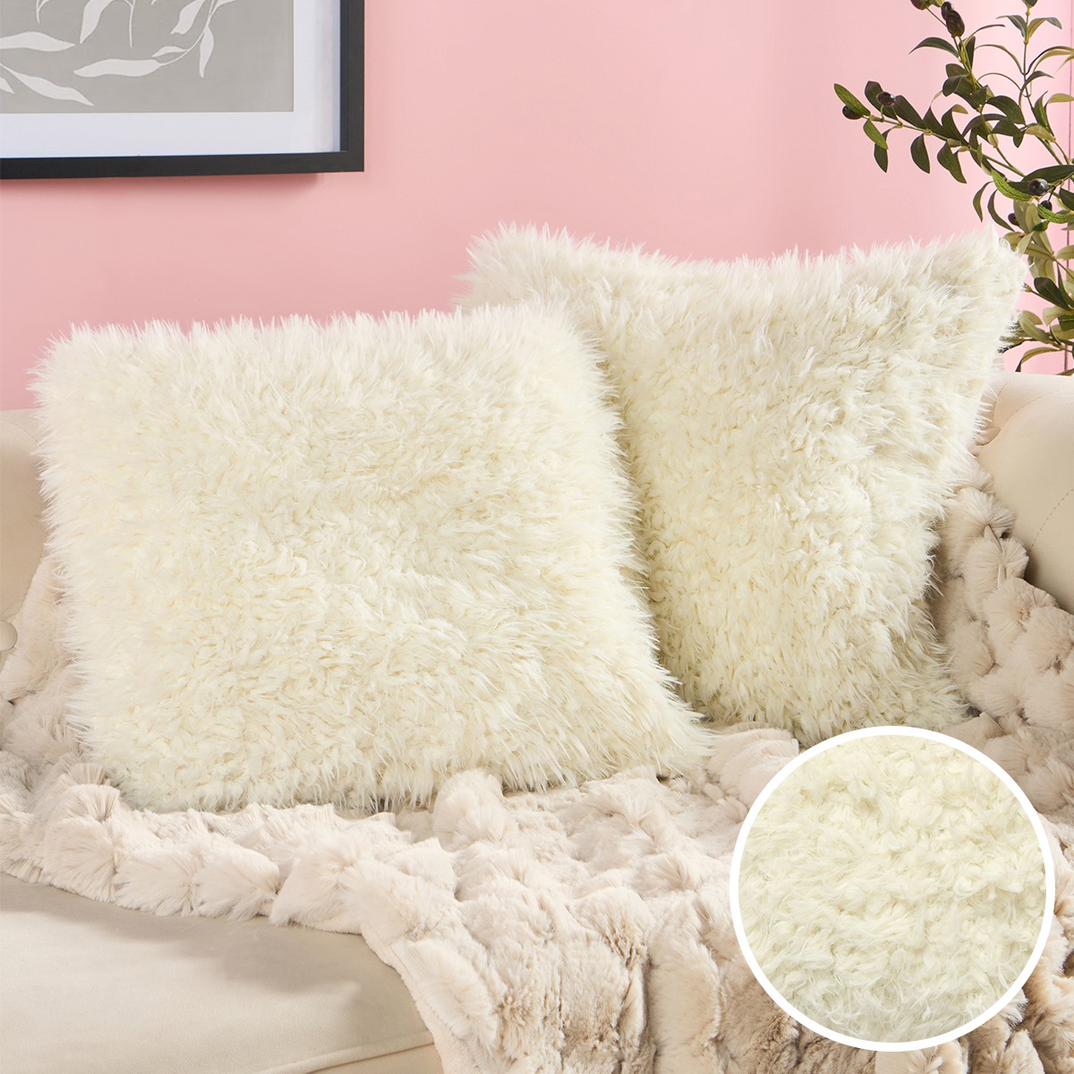 OHS Sofia Faux Fur Cushion Covers, Cream – 45 x 45cm