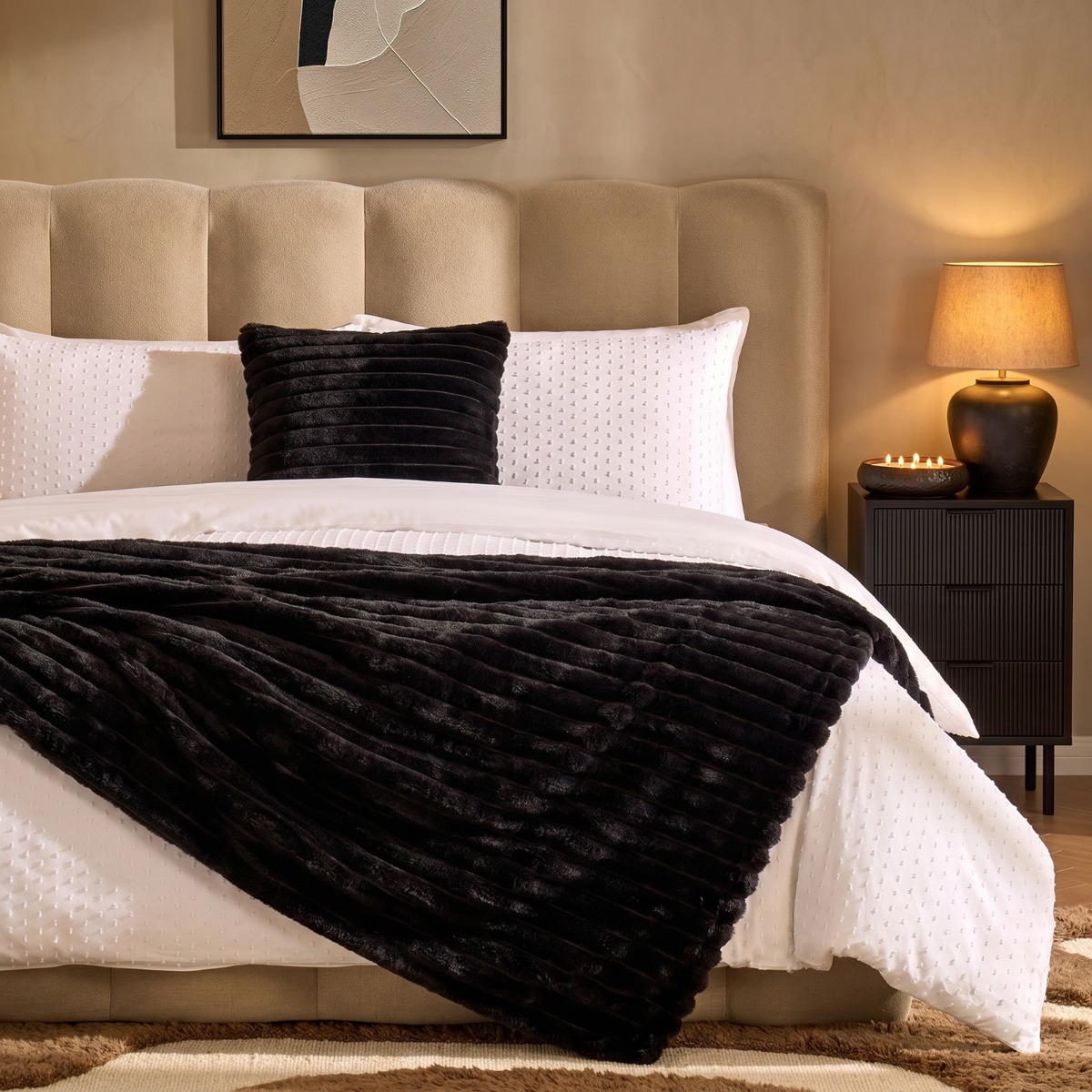 OHS Ribbed Faux Fur Throw Super Soft Fluffy Thick Fleece Bed Blanket in Black | Size: 150 cm × 200 cm