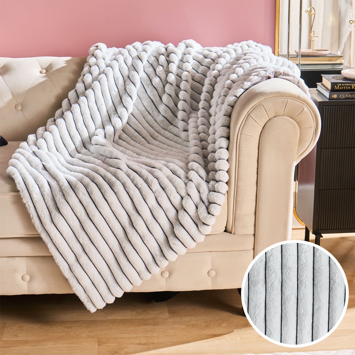 OHS Two Tone Faux Fur Thick Ribbed Throw – Grey/White