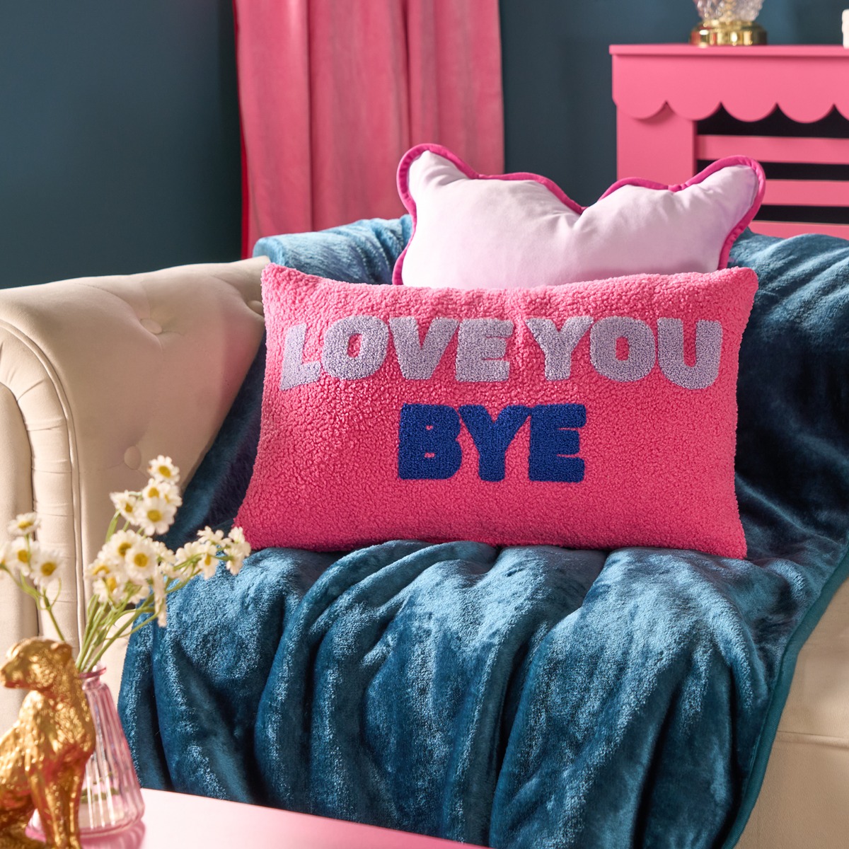 OHS Love You Bye Slogan Cushion – Pink/Blue