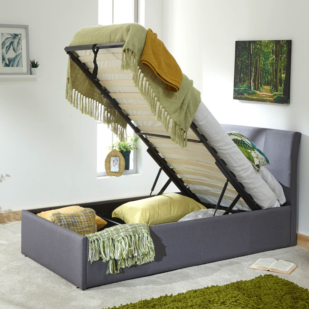 Ascot Upholstered Fabric Ottoman Storage Bed - Grey>