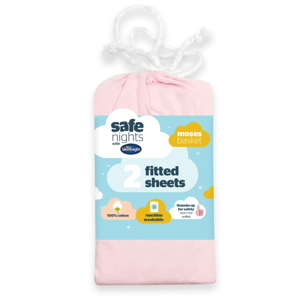 Silentnight Safe Nights 2 Pack Fitted Sheet, Moses Basket - Pink>