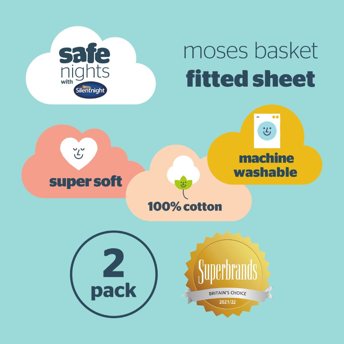 Silentnight Safe Nights 2 Pack Fitted Sheet, Moses Basket - White>