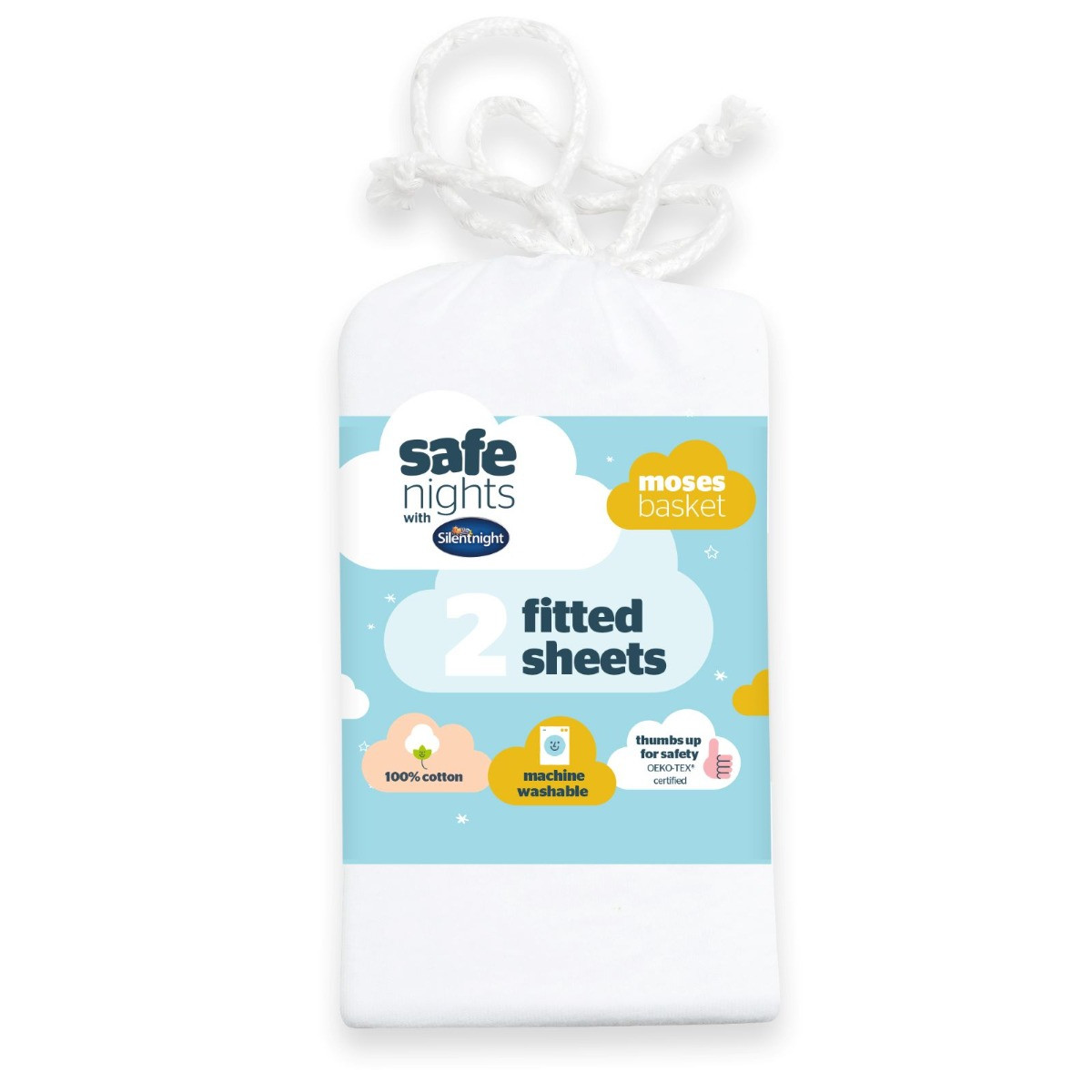 Silentnight Safe Nights 2 Pack Fitted Sheet, Moses Basket - White>