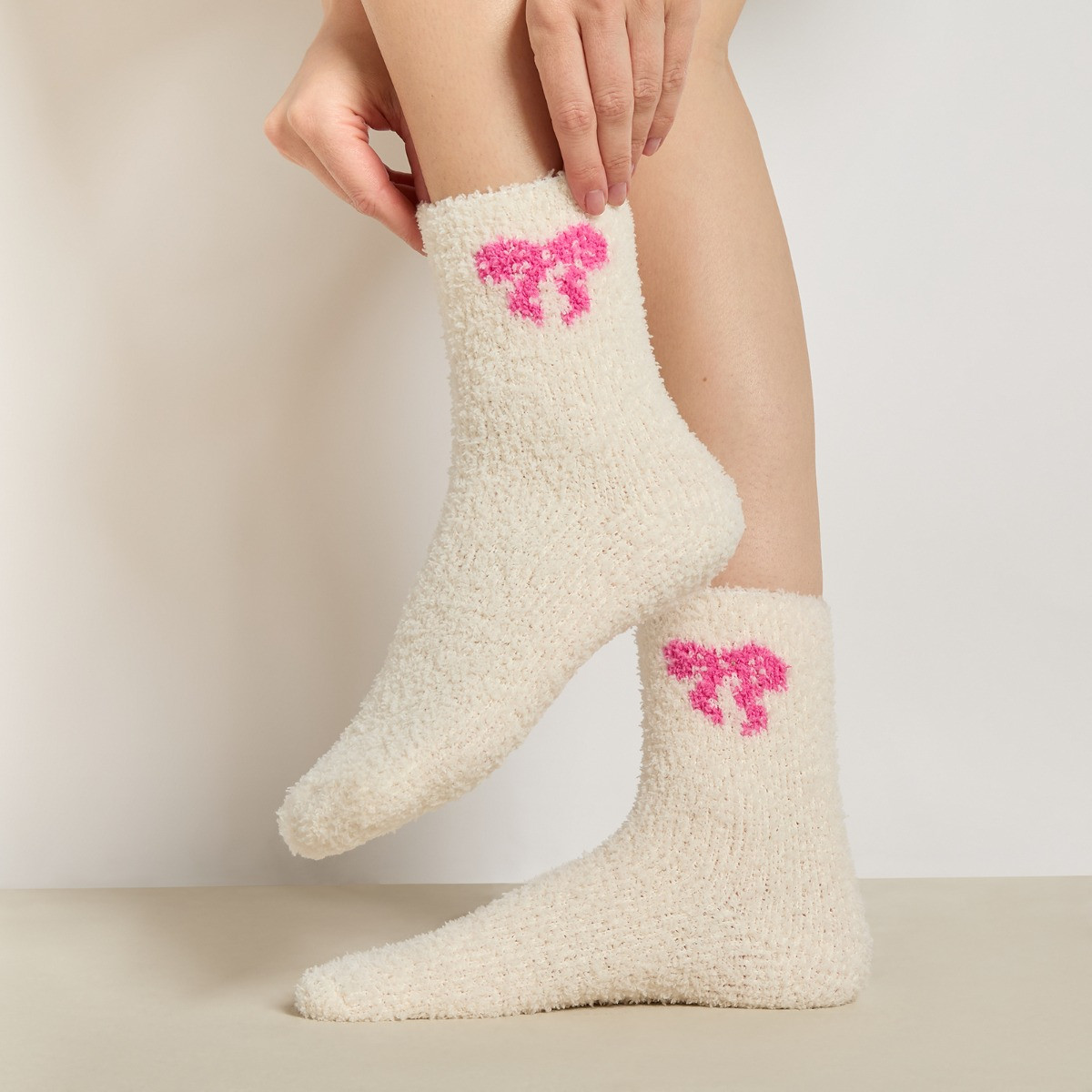 OHS Bows Fluffy Fleece Socks, Pink/Cream - 3 Pack>