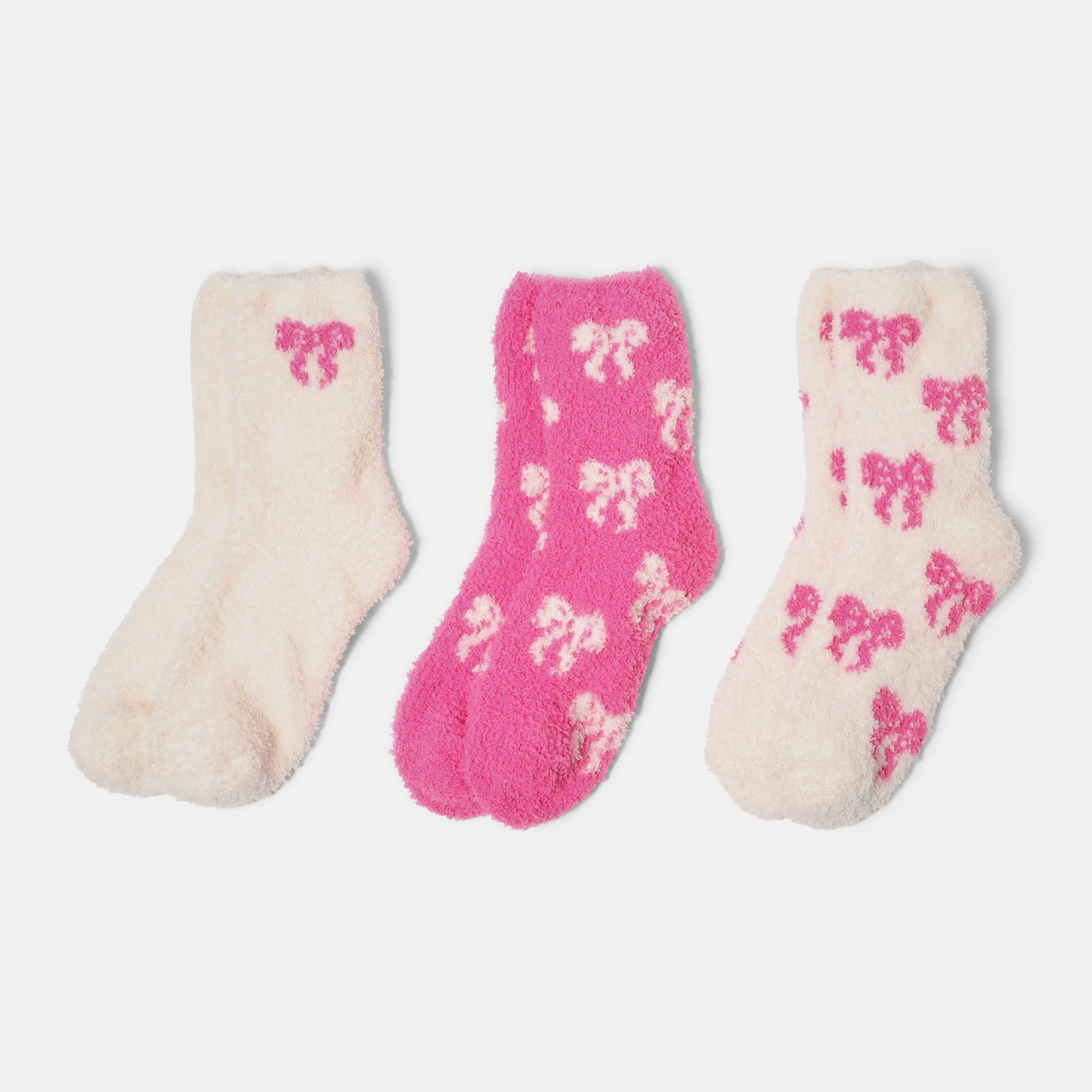 OHS Bows Fluffy Fleece Socks, Pink/Cream - 3 Pack>