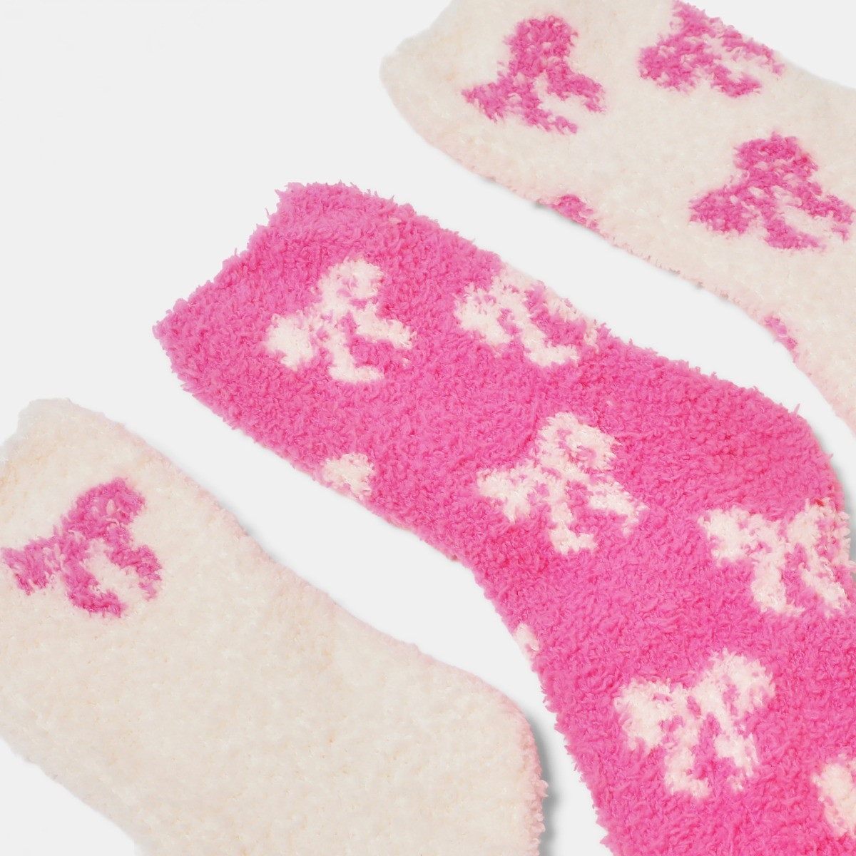 OHS Bows Fluffy Fleece Socks, Pink/Cream - 3 Pack>