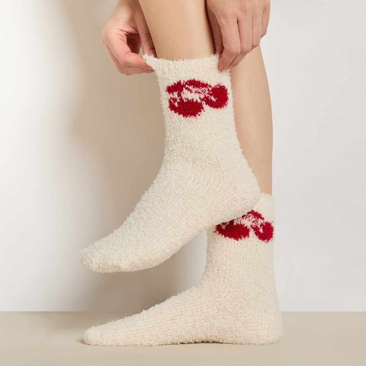 OHS Cherry Print Fluffy Fleece Socks, Pink/Red - 3 Pack>